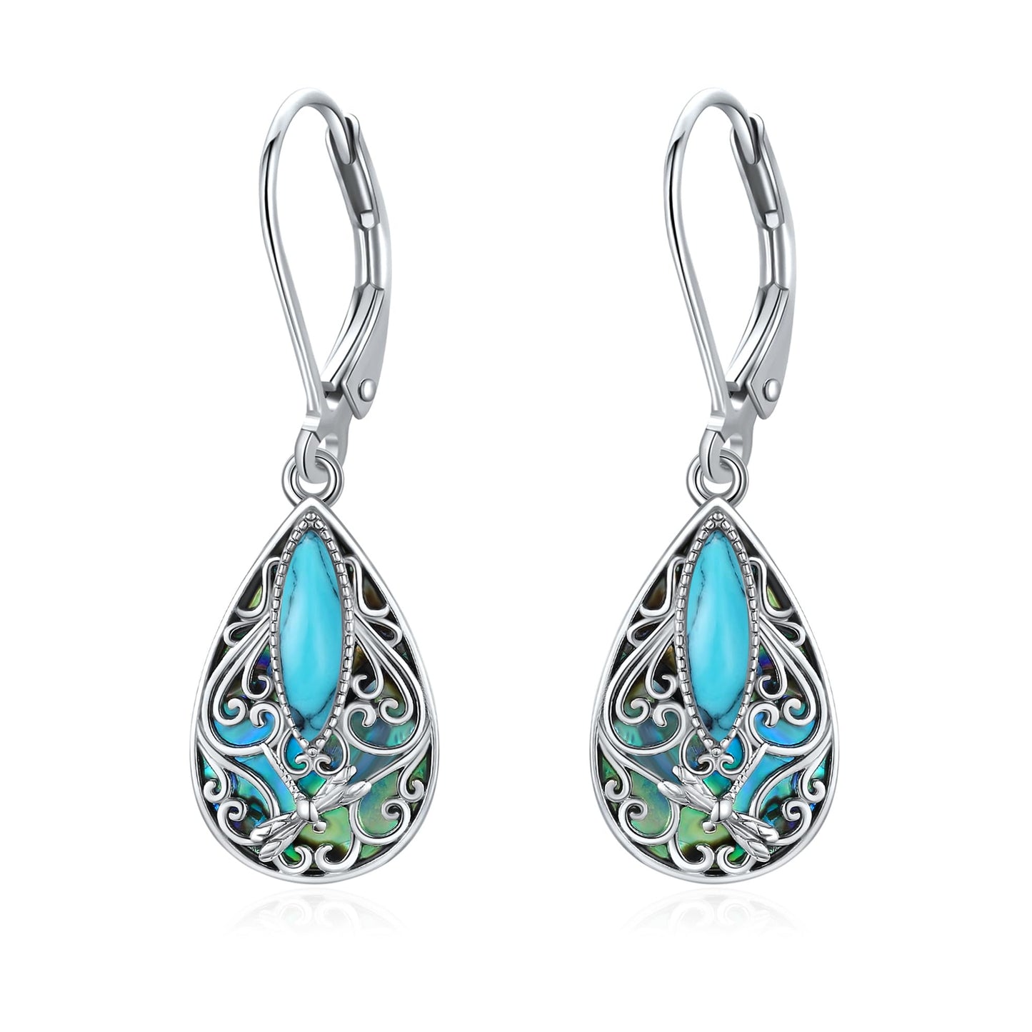 Dragonfly Filigree Earrings Sterling Silver Teardrop Turquoise Filigree Leverback Earrings Gifts For Women Jewelry