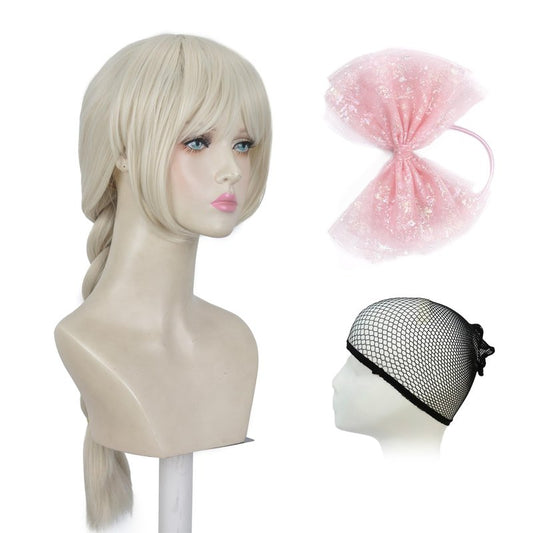 Aeilene Blonde Wig for Women, Long Golden Big Braids Wig with Air Bangs, Long Platinum Blonde Pigtails Wig with Pink Glitter Bow Hair Ties for Party Costume Halloween