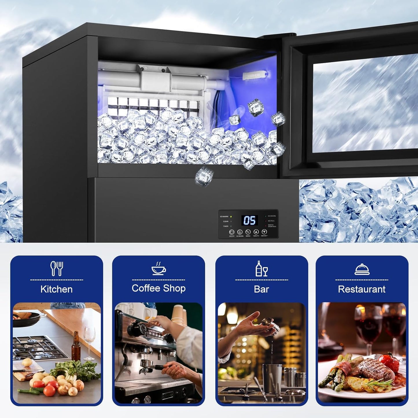 TAZPI Commercial Ice Maker 160 LBS/24H, 15" Wide Under Counter Ice Maker with 35LBS Ice Storage Capacity, Commercial Ice Machine 63Pcs Clear Ice Cubes Built-in or Freestanding Large Ice Machine