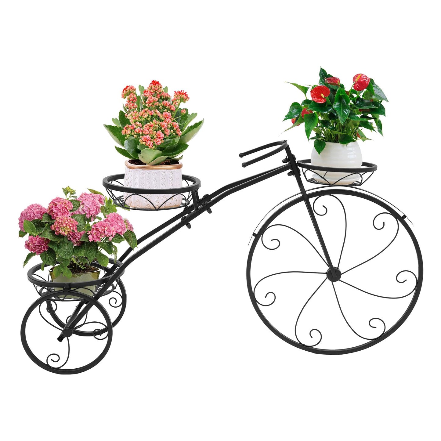 APOUDM 3 Tier Metal Bicycle Planter Large Bike Shaped Flower Stand 82x24x51cm Metal Plant Stand Freestanding Multi-Tier Plant Rack Flower Display Stand Cart for Living Room Balcony Patio (Black)