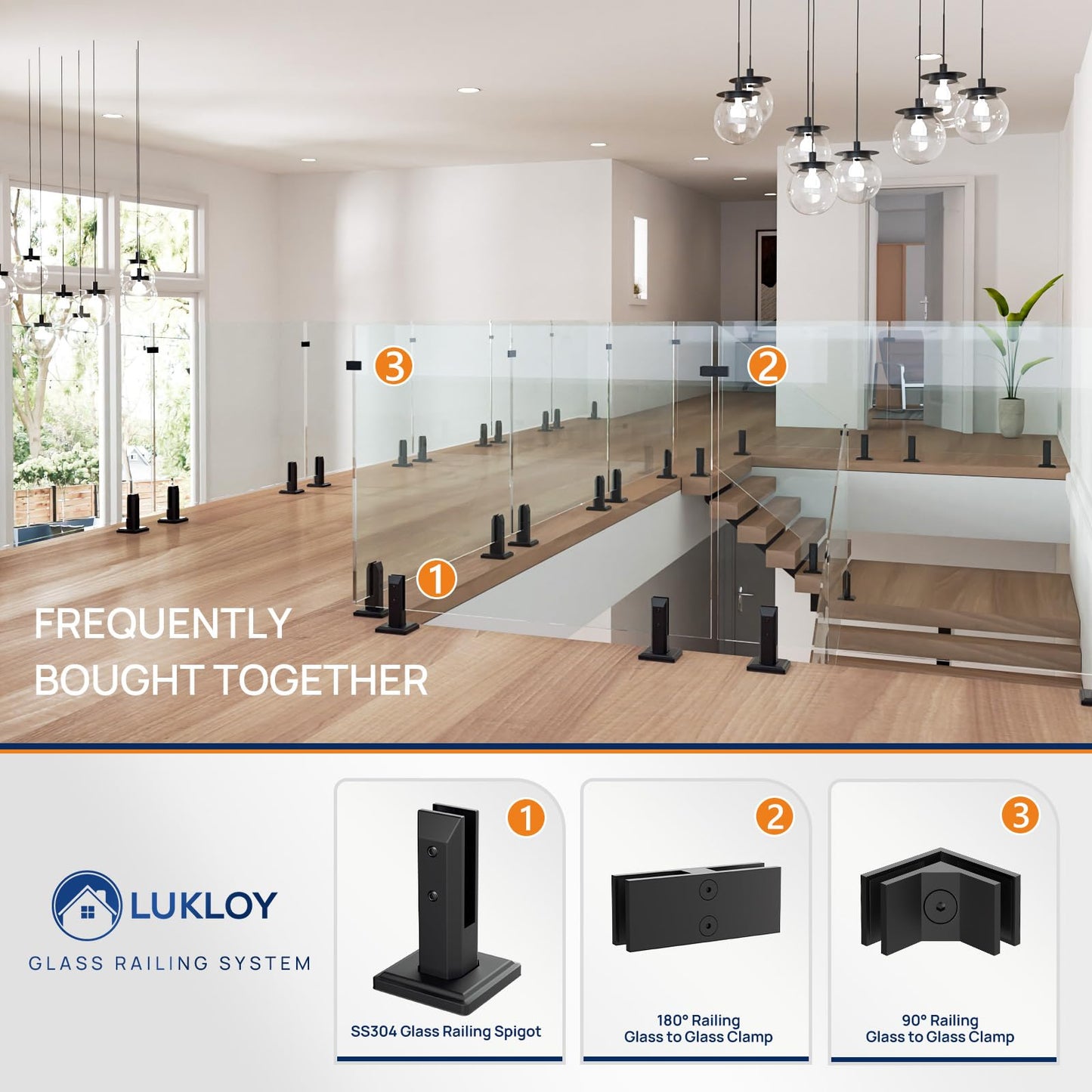 LukLoy 6 Pack T304 Stainless Steel Glass Railing Spigots – No-Drill Black Spigots Clamps Glass Railing System for Indoor Stairs, Pool Fencing, or Low-Wind Outdoor (6 Pack, Each NW 1.71lb) - Level 1