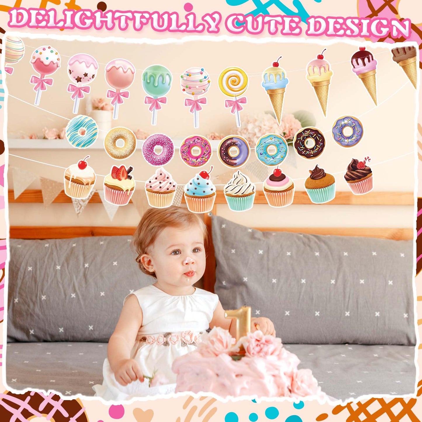 Saypacck 64 Pcs Candy Party Decorations Includes 8 Pack Ice Cream Party Banner Donut Theme Lollipop Cupcakes Banner Hanging Donut Garland Kit for Grow up Birthday Party Supplies
