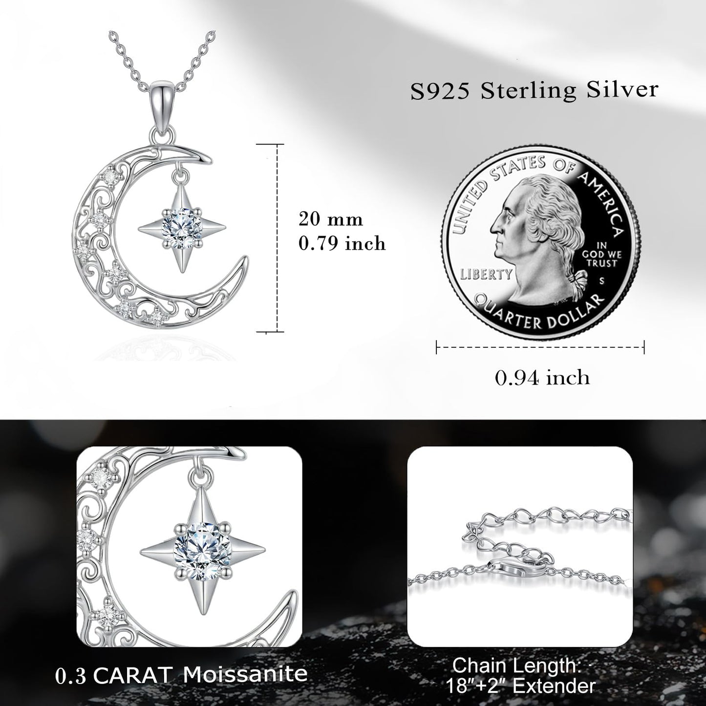 SOACAE Moissanite Moon and Star Necklace 925 Sterling Silver 0.3ct Lab Created Moissanite Moon Phase Pendant North Star Jewelry Gift for Women