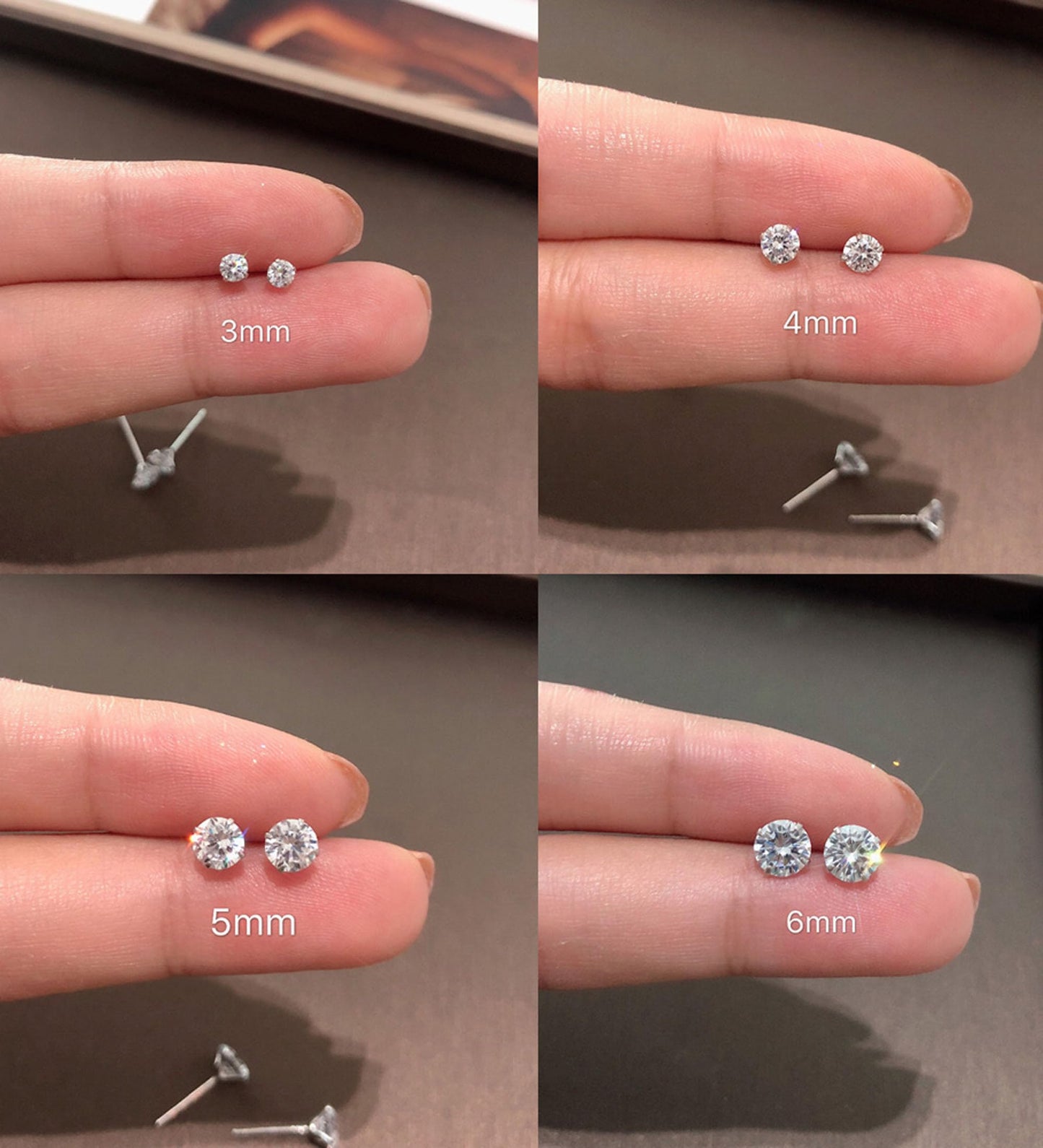 6 Pairs Stud Earrings Set, Hypoallergenic Cubic Zirconia Earrings 316L Stainless Steel CZ Earrings 3-8mm (White CZ)