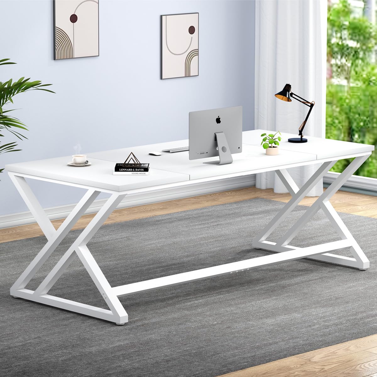 LVB White Long Computer Desk, Modern Large Wood Metal Office Desk, Farmhouse Pc Study Work Writing Desk for Two Person, Rustic Double Workstation Executive Desk for Home Bedroom Living Room, 70 Inch