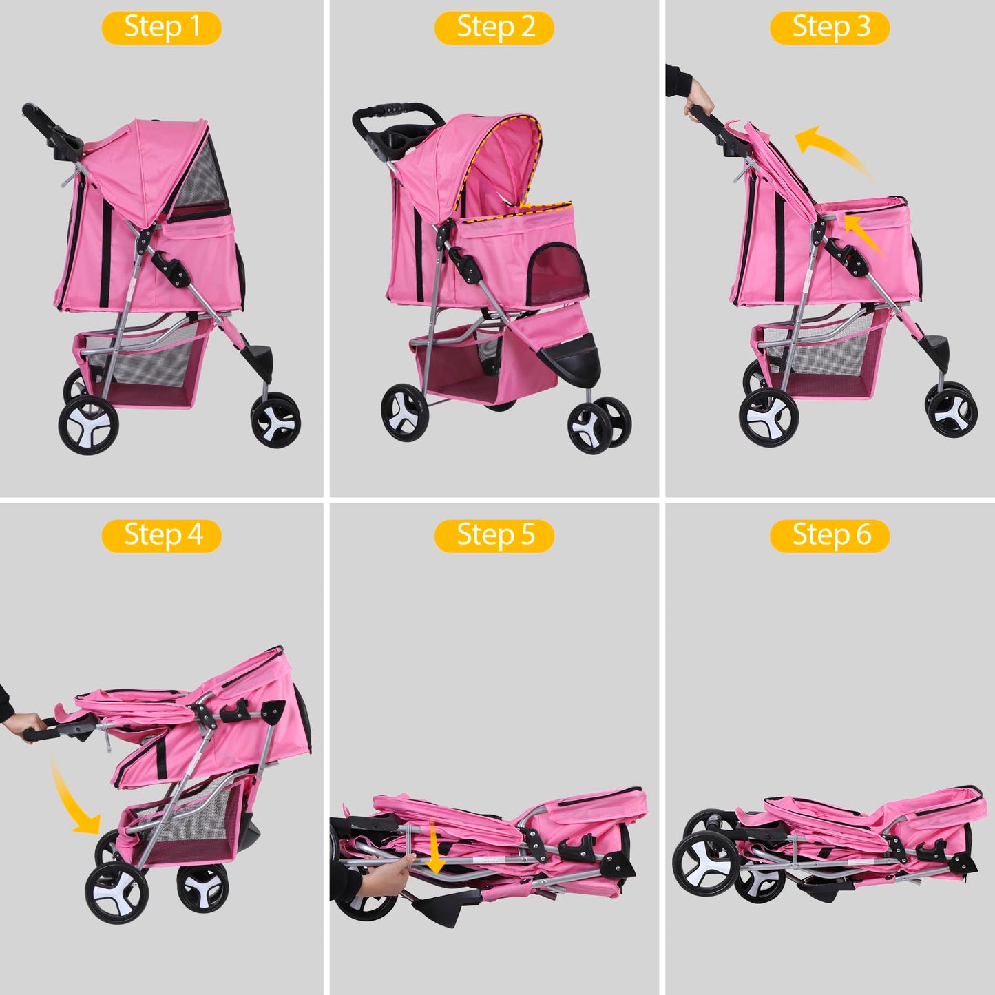 Epetlover 3 Wheels Dog Stroller Folding Pet Strolling Cart for Small Medium Cats Puppies Portable Jogger Travel Camping Puppy Carrier with Storage Basket Cup Holder, Pink