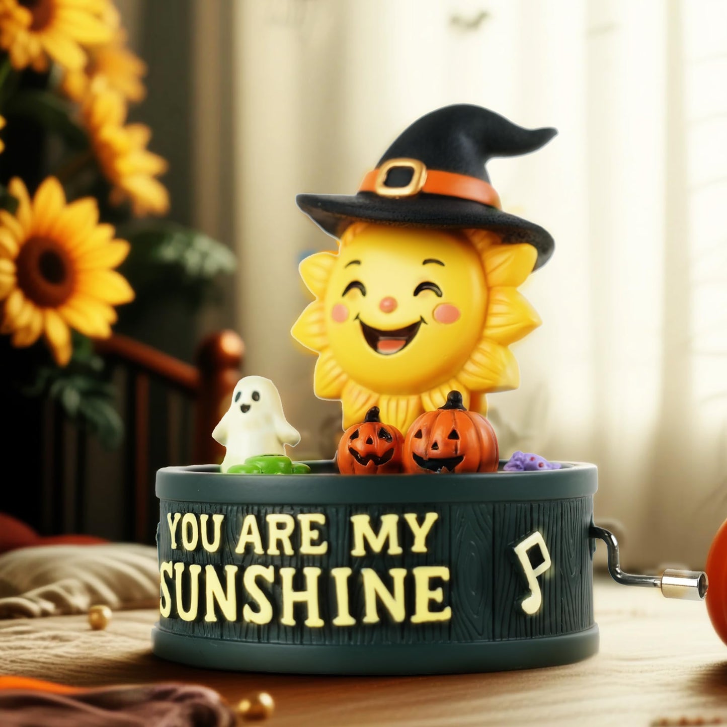 You are My Sunshine Halloween Music Box – Hand-Crank Resin Figurine, Cute Sunflower Pumpkin Theme Gift for Her, Kids & Home Décor, Seasonal Yet Timeless Keepsake