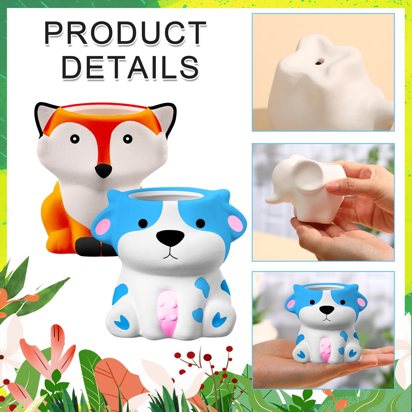 Hushee 12 Sets DIY Ceramic Succulent Pots Ready to Paint Animal Planters Unpainted Plant Flower Pots Bulk with Drainage Hole and Bisque Paint ， Adults Craft Christmas
