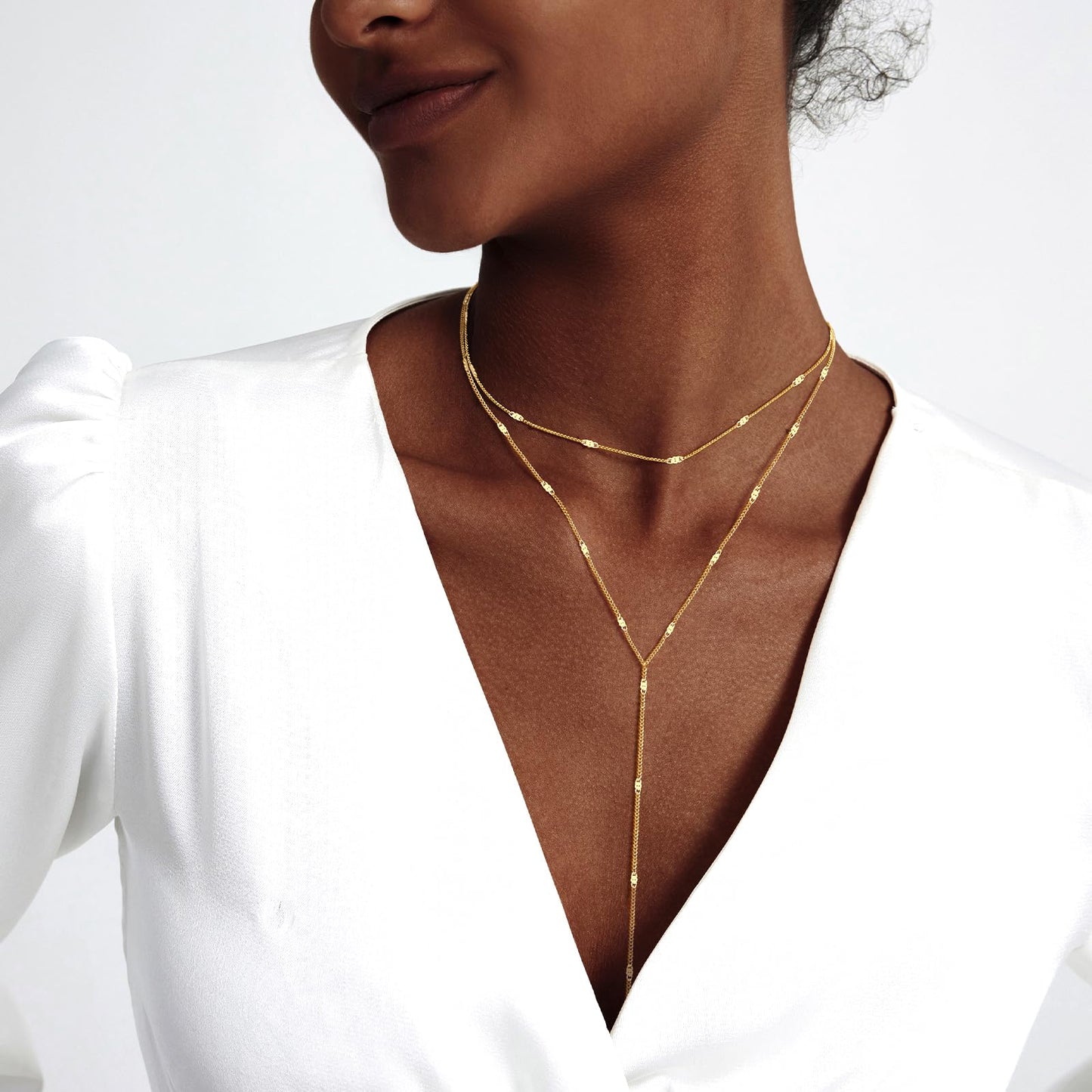 Zeffy Dainty Long Gold Necklaces for Women Trendy Lariat Y Necklace 14k Gold Plated Layered Bar Drop Necklaces Simple Y-Shaped Chain Jewelry Gift