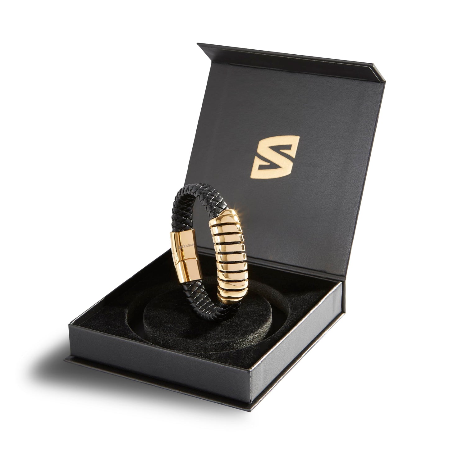 SERASAR Pulseras para hombre 23cm Oro, Caja de regalo, Piel vaca genuina trenzada, Cierre magnético ajustable, Envoltura multicapa, Joyero, Cuerda s, Accesorios joyería