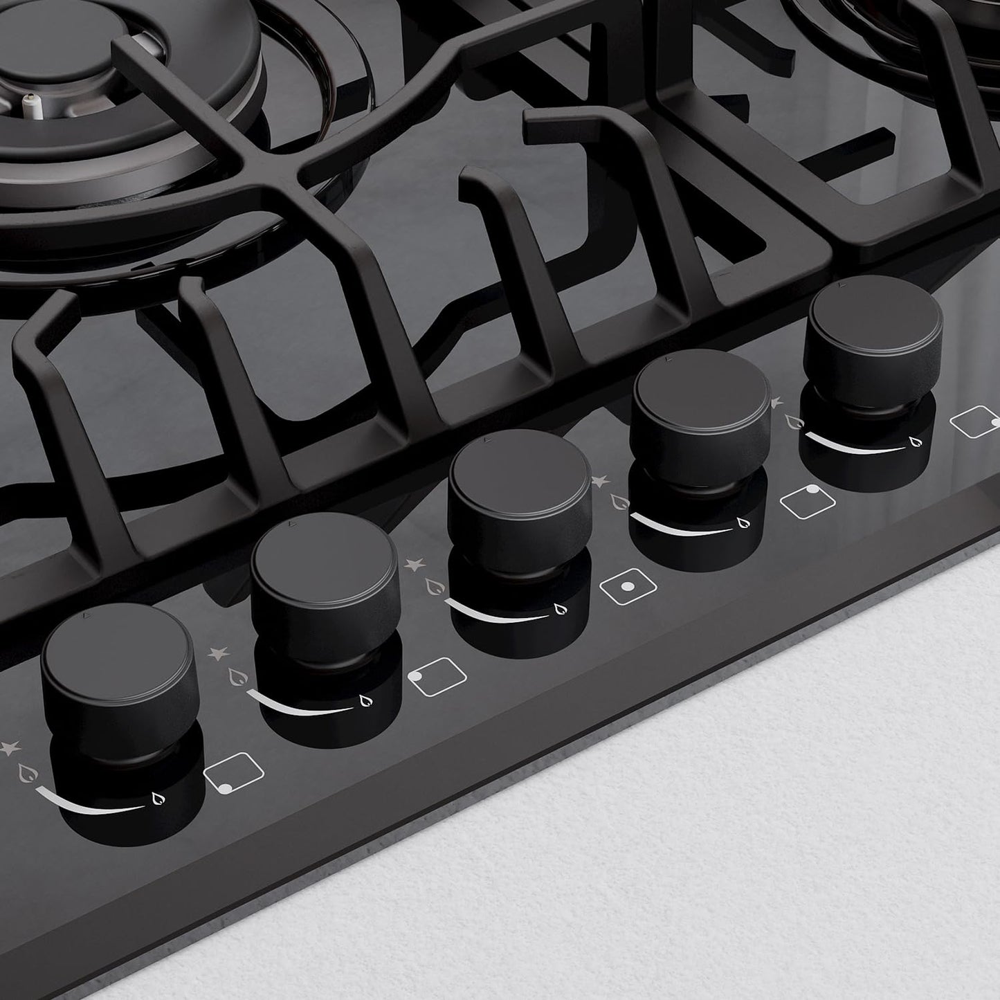 Empava 36 Inch Gas Stove Cooktop 5 Italy Sabaf Sealed Burners NG/LPG Convertible in Black Tempered Glass