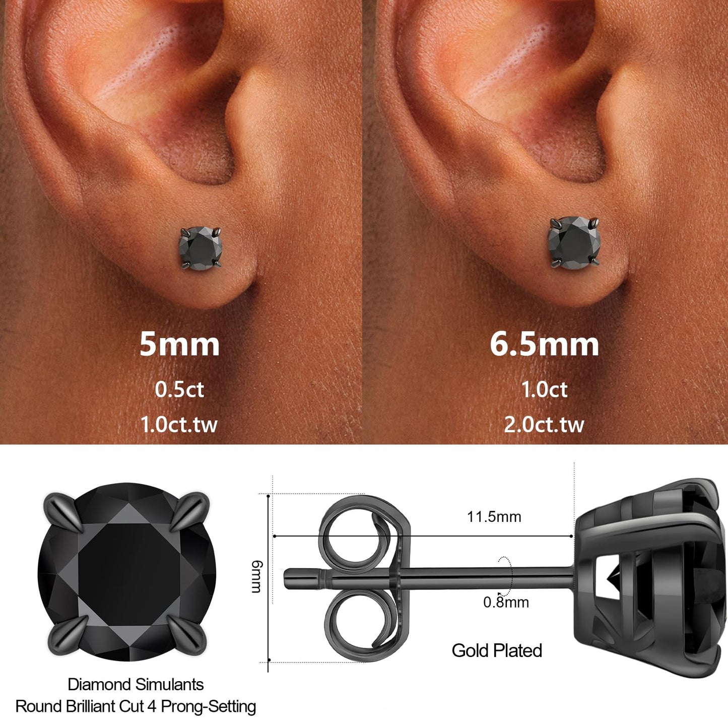 KRKC Moissanite Earrings for Men Women, Black Diamond, D Color VVS1, 925 Sterling Silver Solitaire Stud Earrings, Black Tone Plated, Valentine's Day Gifts, 1.2Carats