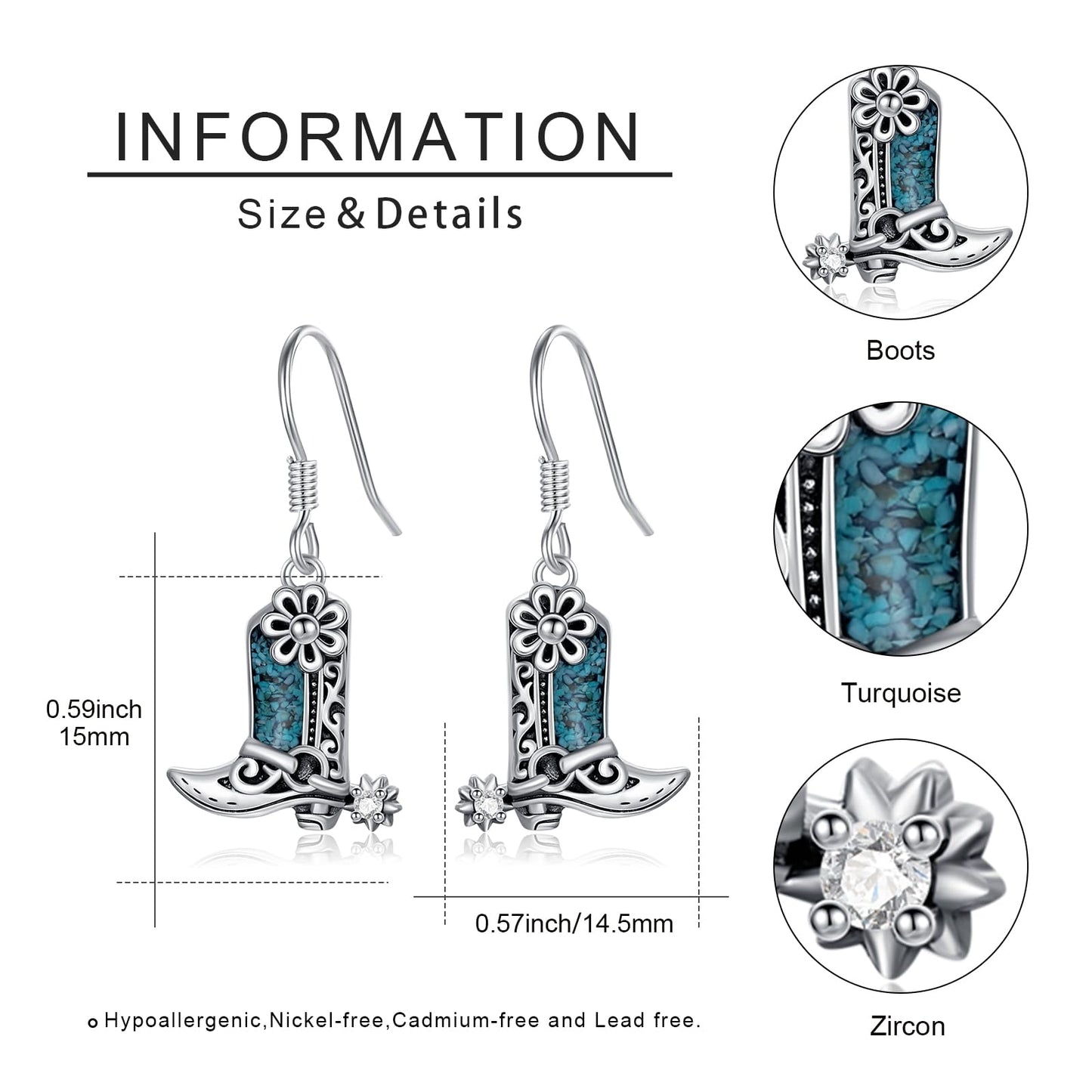 KoyeKei Cowgirl Boot Earrings 925 Sterling Silver Cowboy Texas Boot Dangle Drop Earrings Western Turquoise Cowboy Carter Jewelry Country Graduation Gifts for Women Her