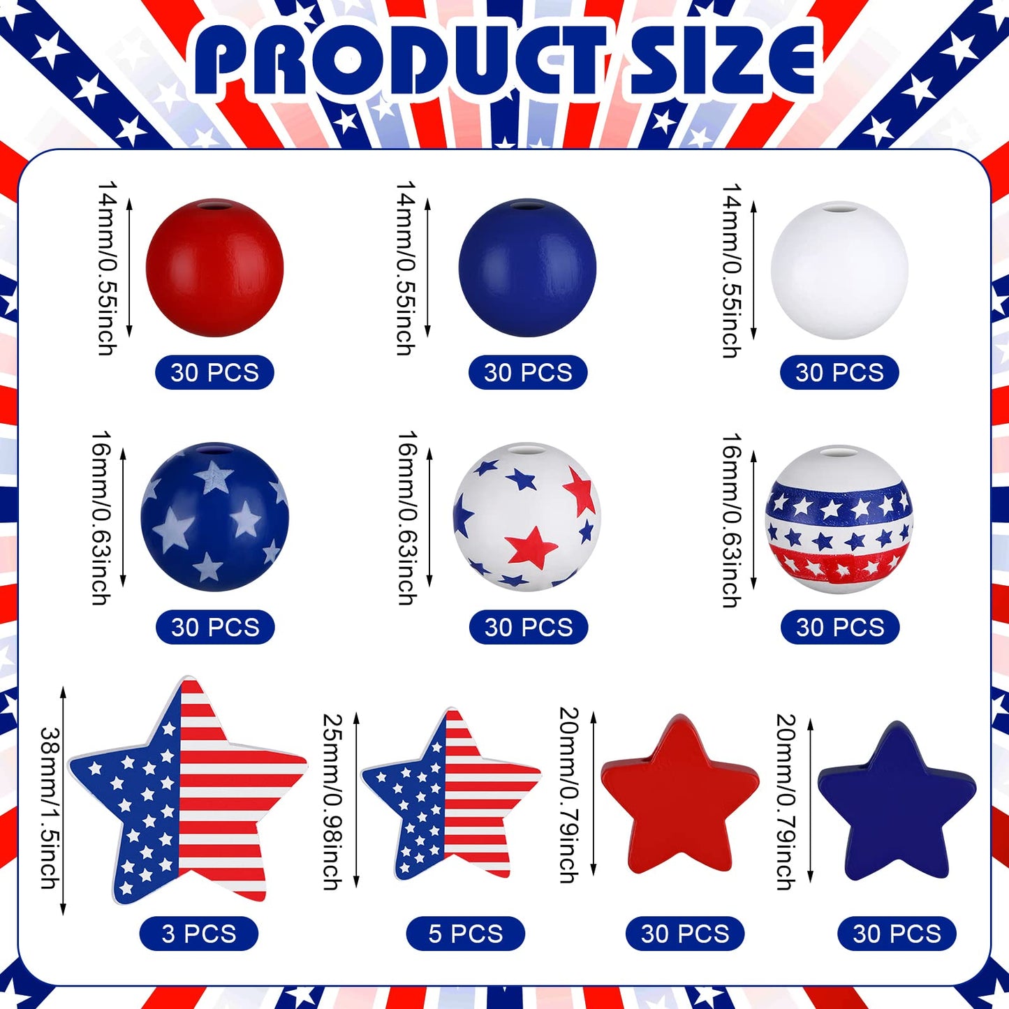 Bencailor 248 Pcs 4th of July Wood Beads Patriotic Wooden Bead for Craft Red White Blue America Flag Stars Charm for 250th Anniversary Memorial Independence Day Decor DIY Garland Bracelet Necklaces