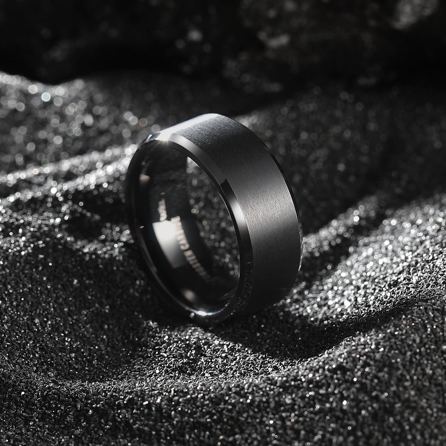 King Will 8mm Men's Black Wedding Ring - Brushed Matte Surface, Beveled Polished Edge, Comfort Fit Size 11