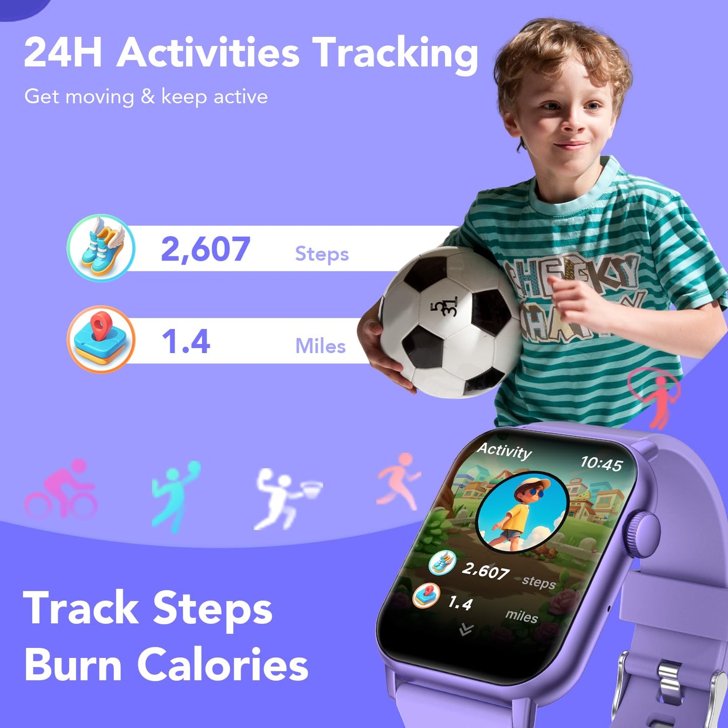 taopodo Kids Smart Watch with HD Touch Screen, IP68 Waterproof, Smart Watch for Kids with Puzzle Games, Step Counter, Heart Rate, Sleep Monitor, Flashlight, Music Player,Gift for Girls 8-12 (Purple)
