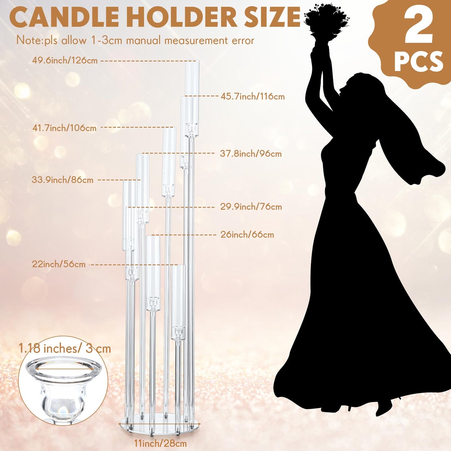 Vesici 2 Pcs 8 Arm Acrylic Candelabra Centerpieces for Tables 49.6 x 11 Inch Candlesticks Holder Clear Acrylic Candle Holder for Wedding Ceremony Floor Home Dinner Party, Fit 0.8" LED Candle"