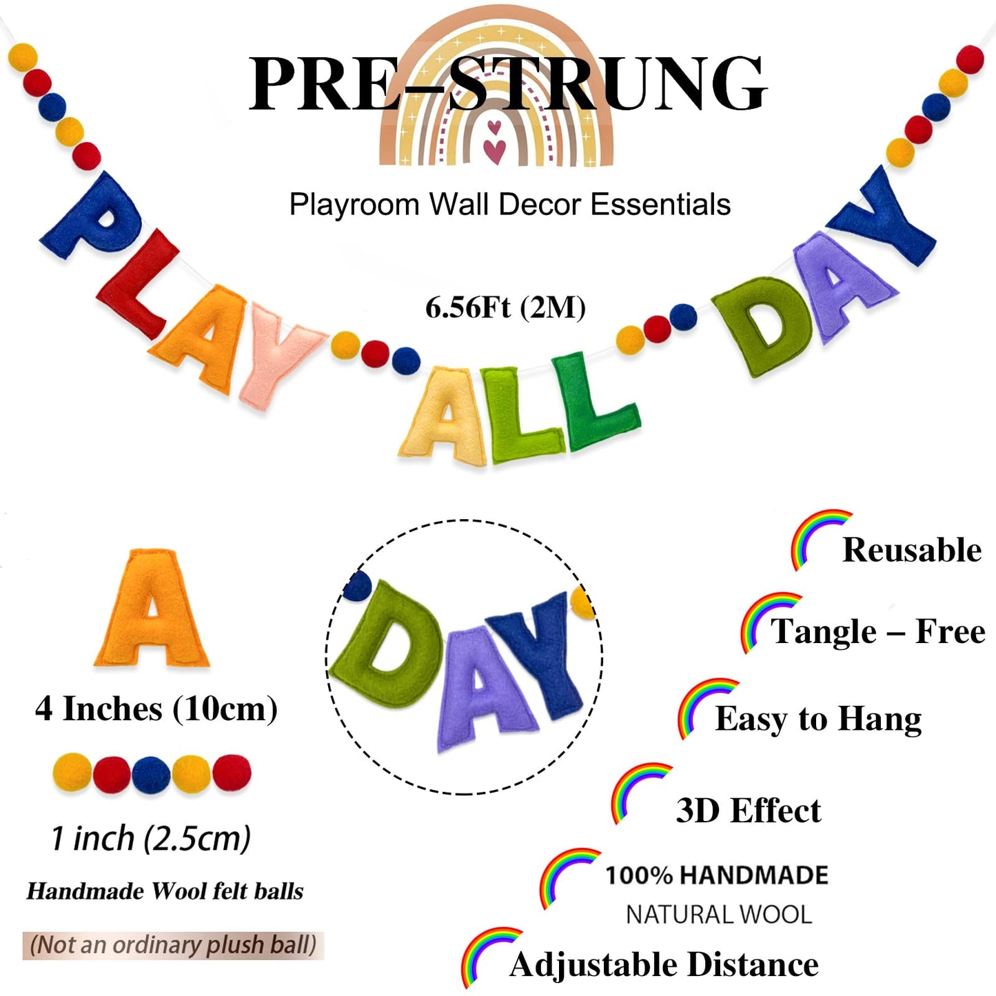 Pre-Strung Retro Play All Day Felt Banner Reusable Play Sign Play All Day Wall Hanging Felt Garland for Kids Nursery Playroom Wall Decor Boys Girls Playhouse Decor Toy Room Classroom Decoration