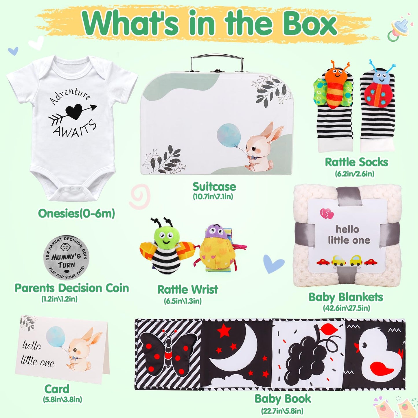 Baby Shower Gifts Basket for Newborn Baby Boy Girl Gender Reveal with Newborn Essentials Baby Rattles Blanket Onesie Black and White High Contrast Baby Book Toys 0-6 Months Baby Girls Boys Shower Gift