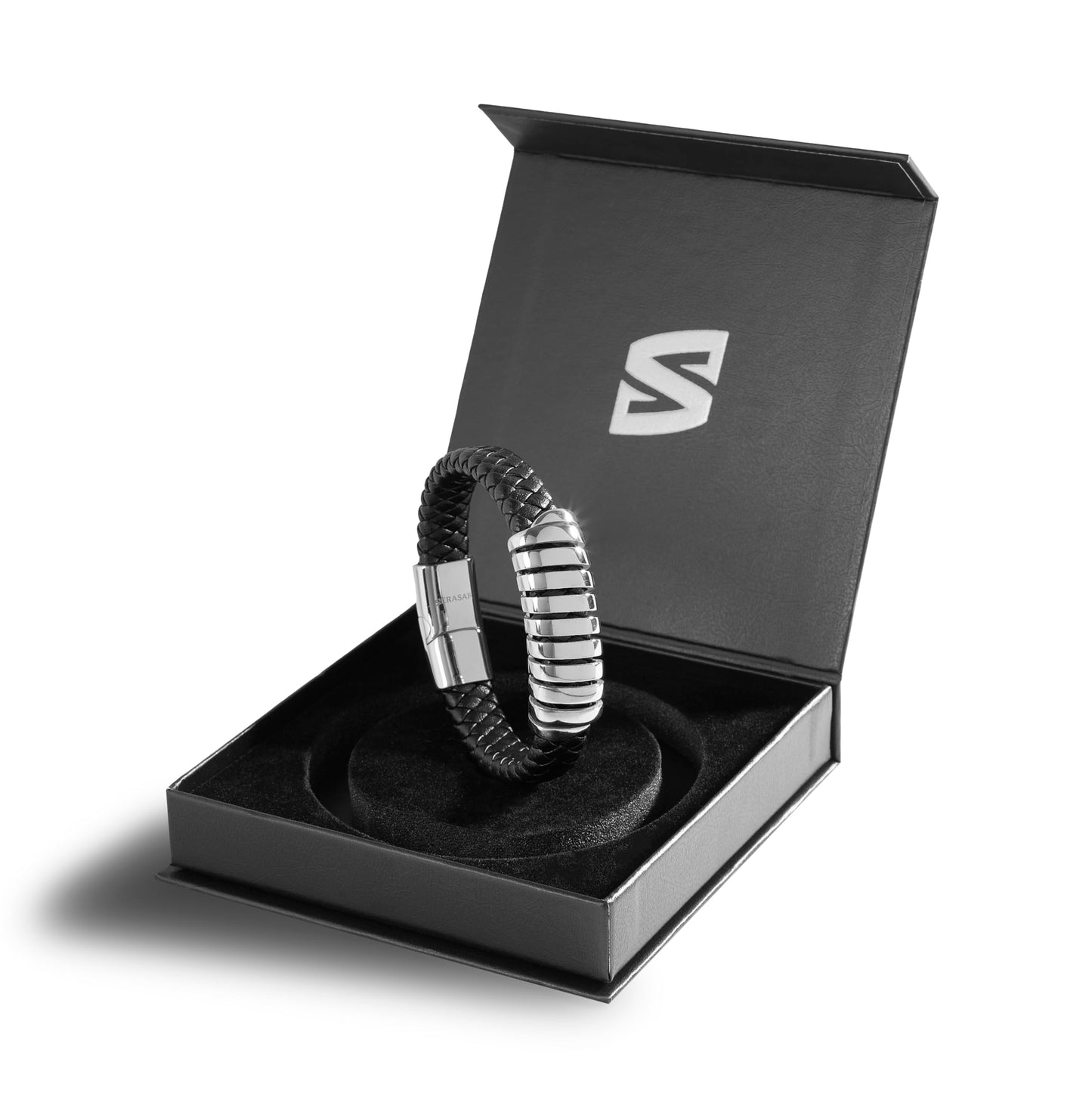 SERASAR Mens Silver Bracelets 23cm Bracelet Men Gift Box Genuine Leather Cowhide Braided Magnetic Clasp Multi Layer Wrap Rope Man Mans Male Band Jewelry Magnet Accessories
