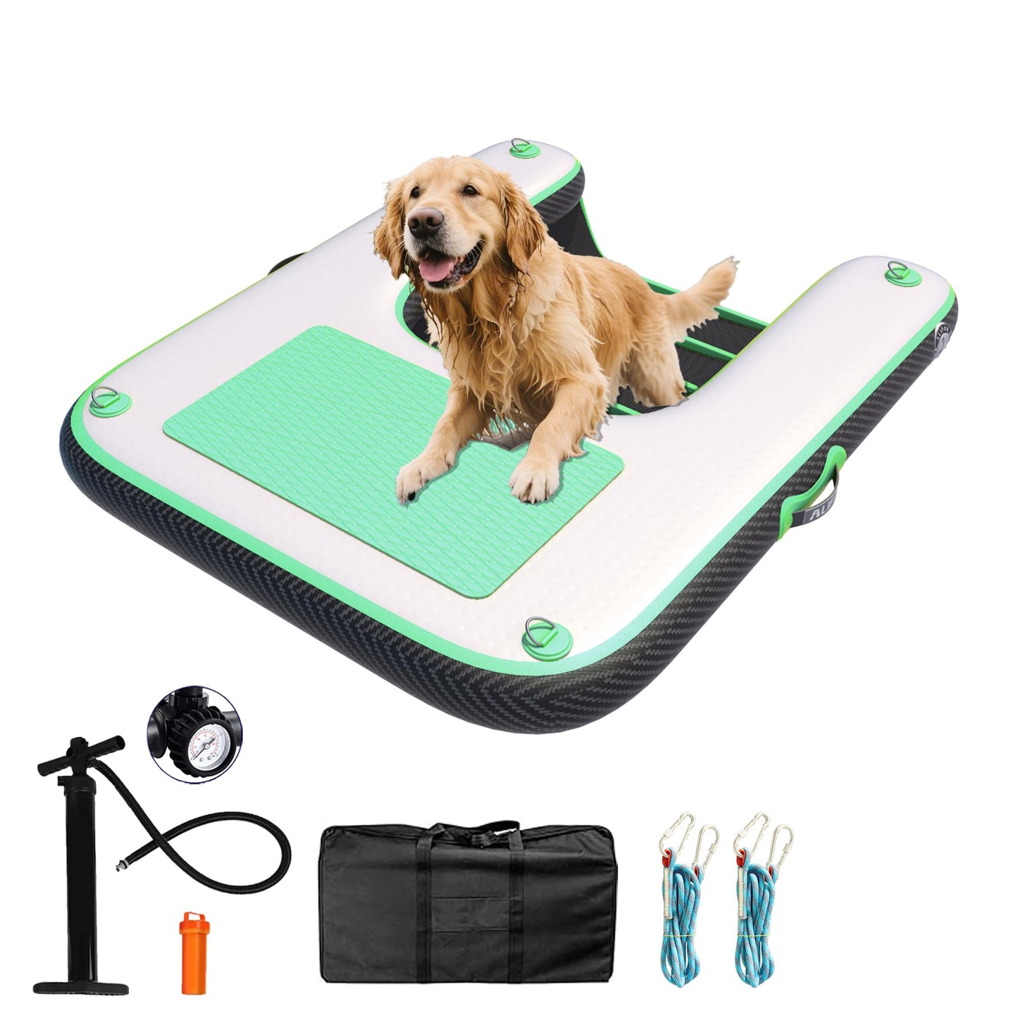 ALIFUN Inflatable Dog Ramp For Boat, Large Dog Water Ramp with Manual Pump, Non-Slip EVA Durable Floating Dock Ladder Up to 90 LBs, Pup Plank for Swimming Pool, Boat, Lake & Ocean (47"L x 39"W x 4"H)