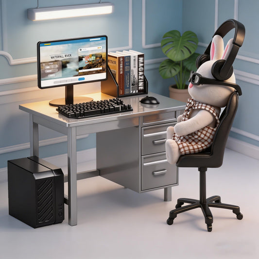 1:12 Scale Miniature Office Furniture Set for Dollhouse, Featuring a Desk, Chair,Flocked Rabbit, Computer, Bookshelves and Accessories, Suitable for Displaying Ideal Gifts