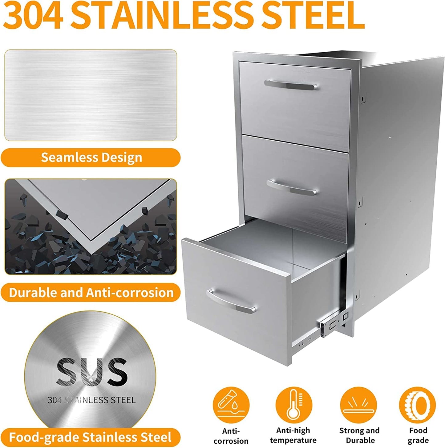 Outdoor Kitchen Triple Drawers 17" W x 30" H x 21" D Built-in BBQ Drawer with Paper Towel Holder Combo Stainless Steel Access Drawers for Outdoor Kitchen Island or Grill Station