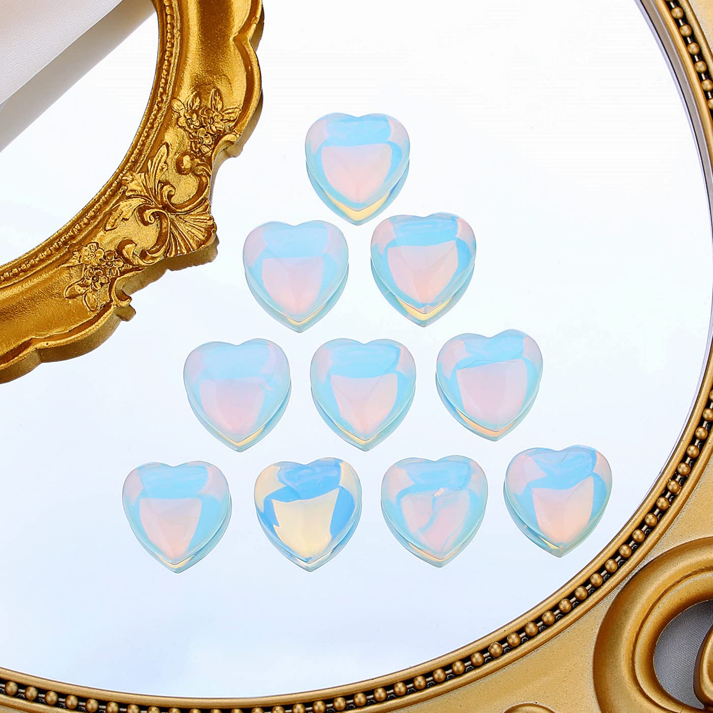 10 PCS Opalite Heart Crystals Thicken Stones Love Heart Shaped Healing Crystal Natural Stone Palm Moonstone Gemstones Set Reiki Energy Balancing Carved Palm Worry Stone Meditation Gift Stocking Stuffers for Women