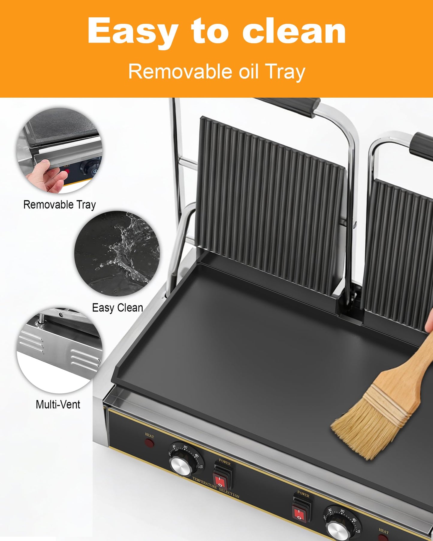 HTTSICHI Commercial Panini Press - 3600W Electric Sandwich Panini Maker, Stainless Steel Double Sandwich Grill w/Nonstick Coating & Temp Control, 19x9 in Plate for Hamburger Steak Bacon