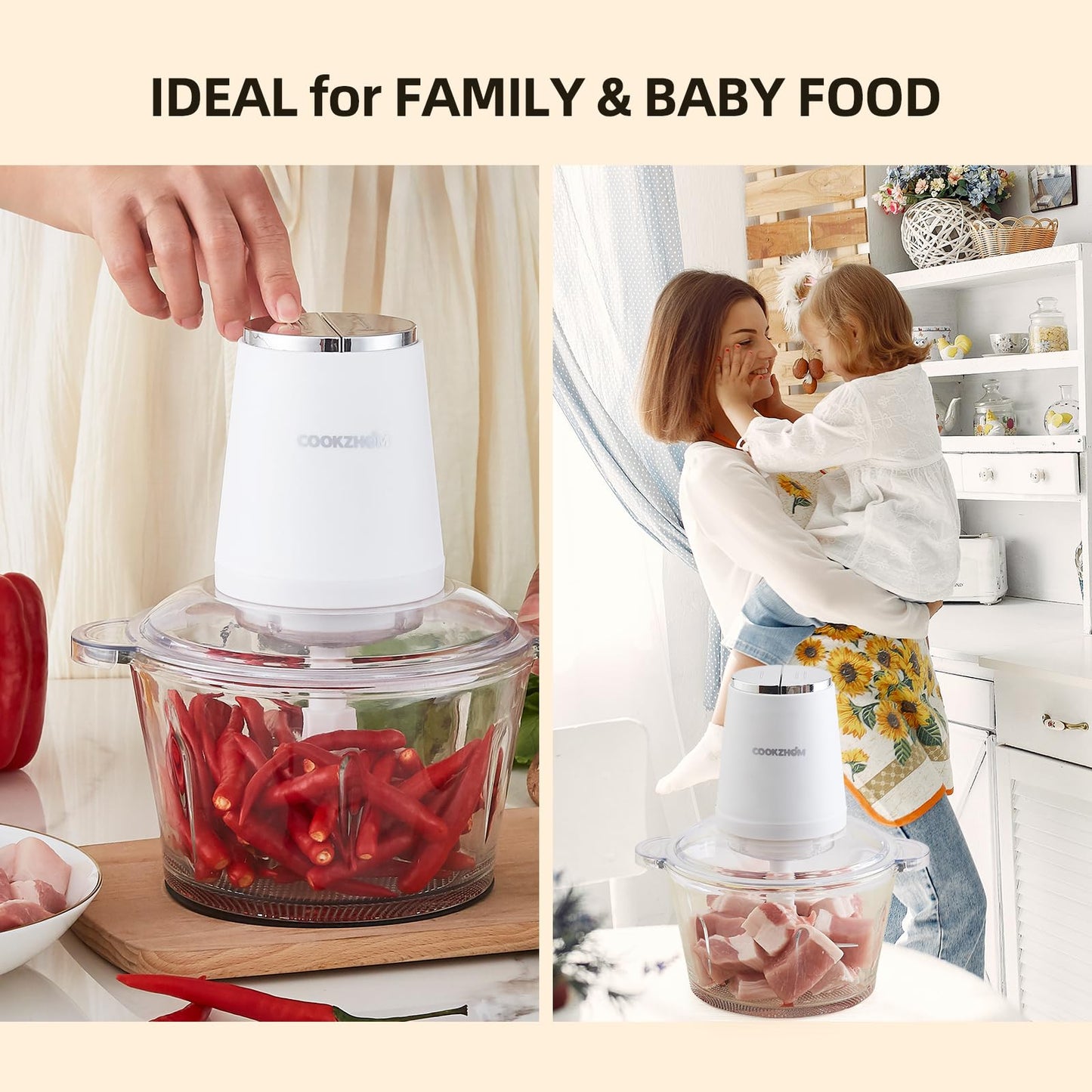 COOKZHOM Food Processor,Electric Food Chopper with 500W Stainless Steel Motor & 4 Sharp Blade Sets,8-Cup Glass Bowl for Meat, Vegetables, Fruits and Nuts