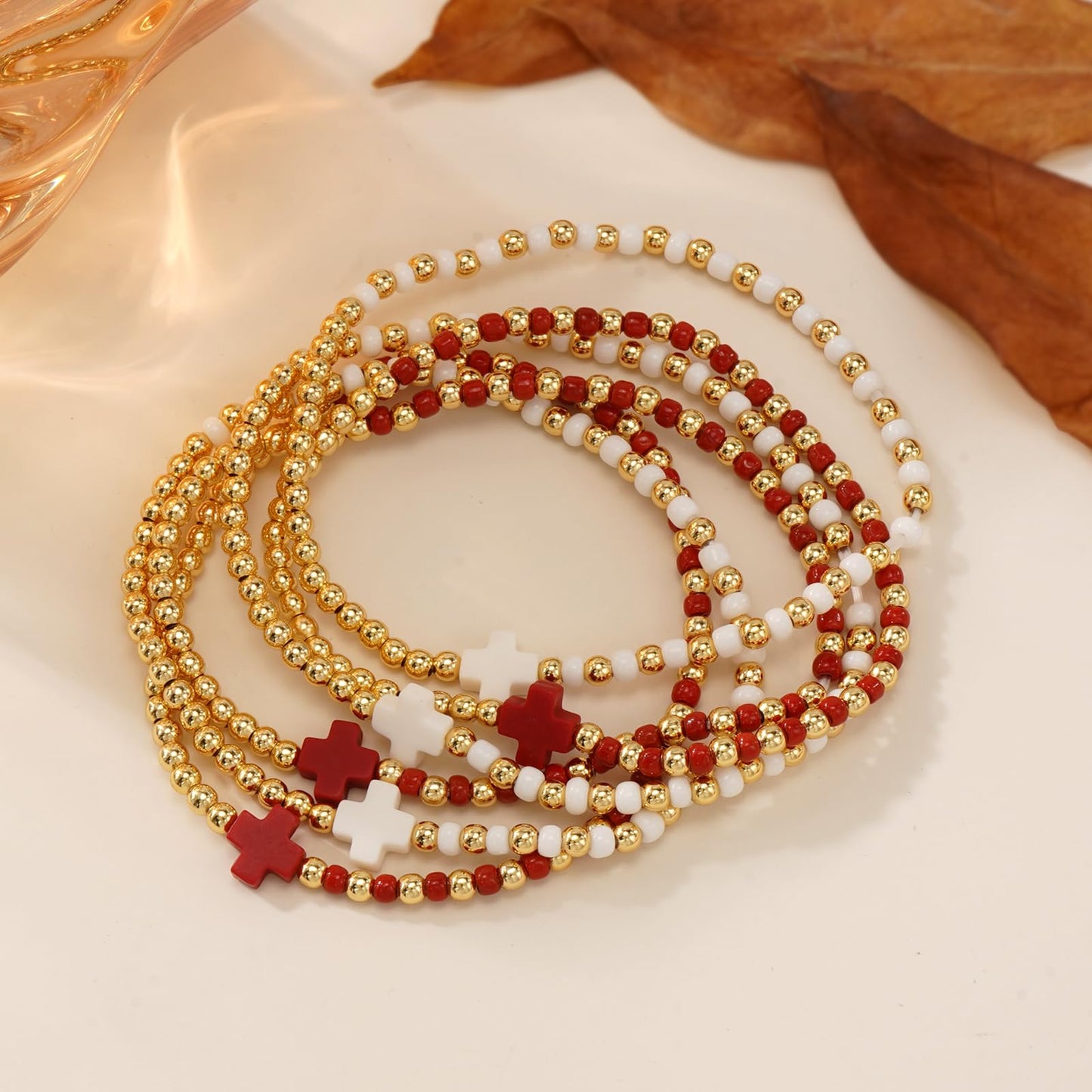 Bohxantium Gold Beaded Bracelets for Women Stackable Boho Gold Plated Red White Seed Beads Ball Cross Bracelets Stack Elastic Stretch Trendy Jewelry Accessories Non Tarnish Friendship Christian Gift