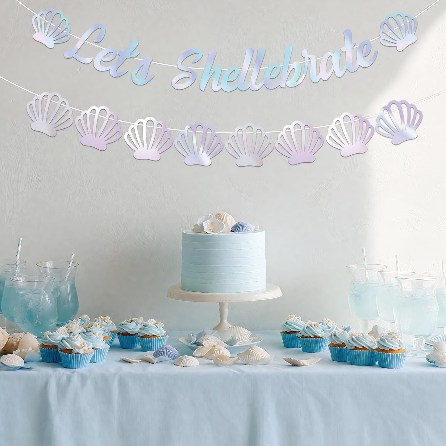 Let's Shellebrate Banner Iridescent Sea Shell Party Banner Under the Sea Mermaid Shell Garland for Girls Women Birthday Baby Shower Coastal Bachelorette Party Wedding Supplies
