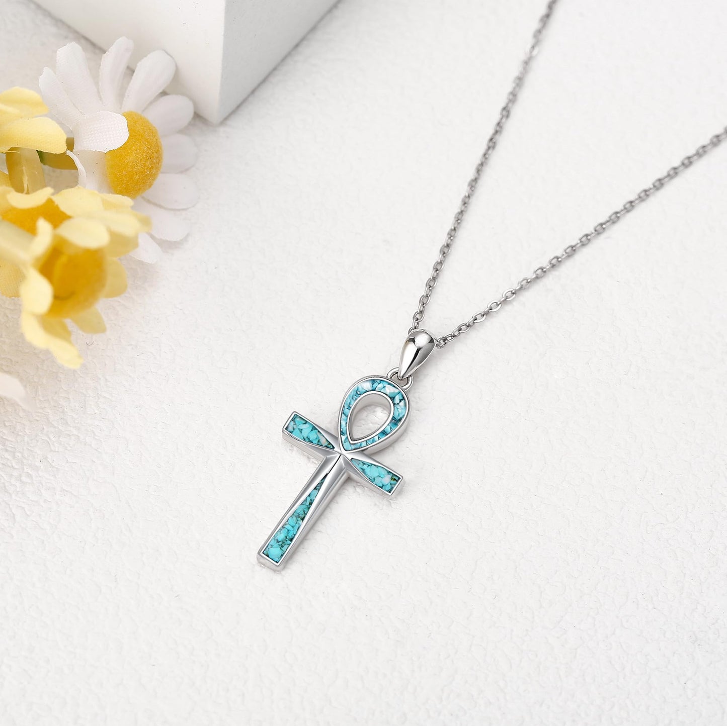 ONEFINITY Ankh Cross Necklace Sterling Silver Turquoise Egyptian Cross Pendant Necklace Religious Jewelry Gifts for Women Men