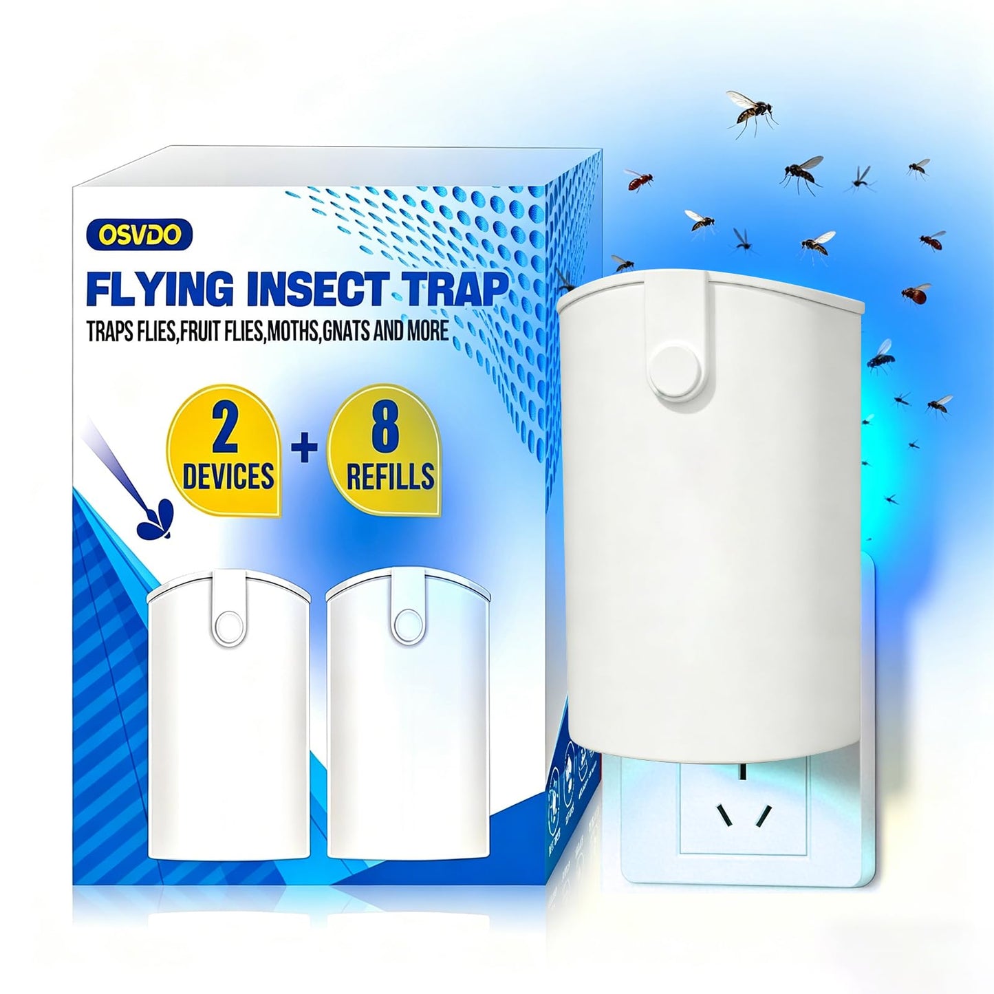 2 Pack Flying Insect Trap, Fruit Fly Trap Indoor with 8 Sticky Boards, Gnats Killer Moth Trap Fly Catcher with Blue UV Light, Mosquito Attractant Bug Zapper for Home, Office(2026 Upgrade)