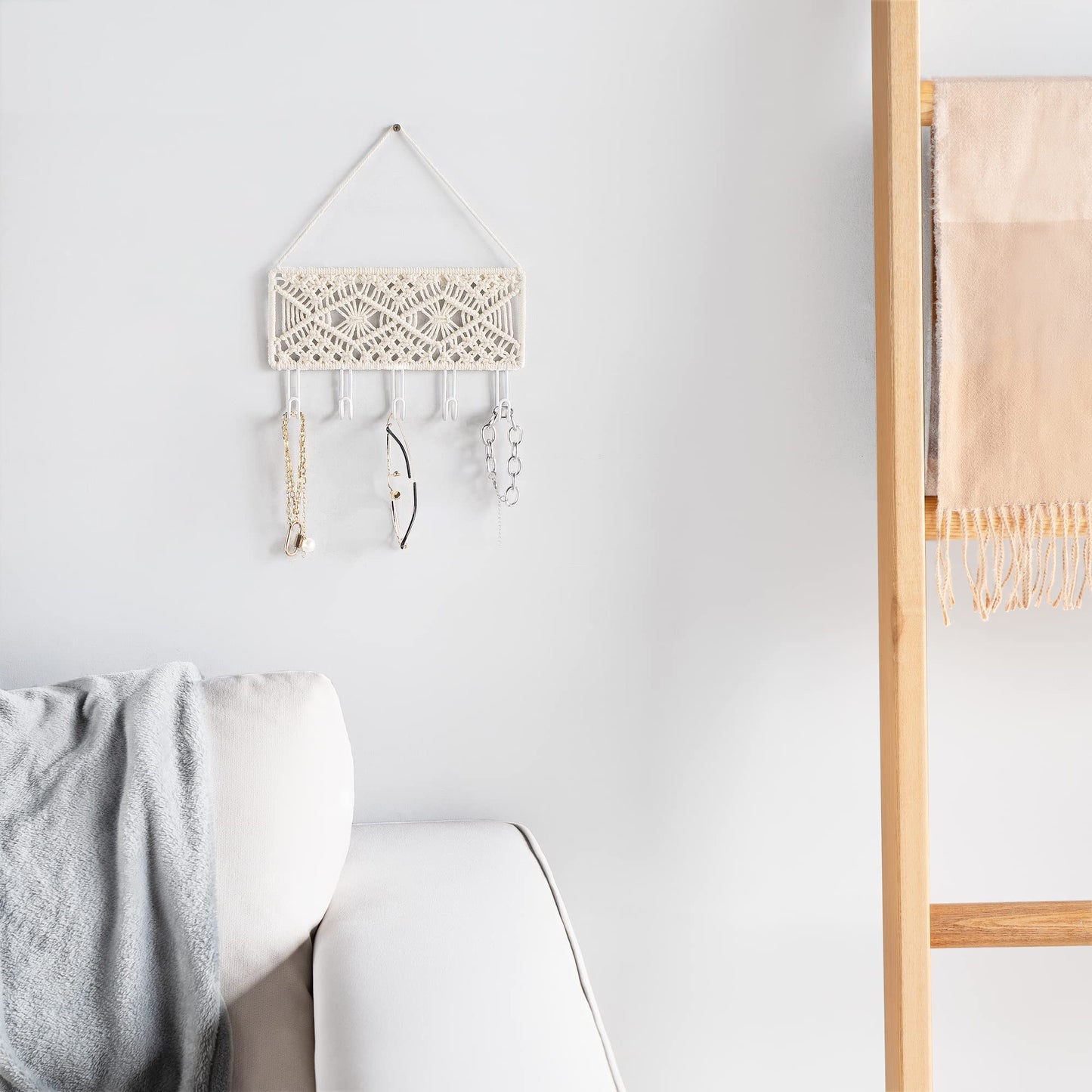 Mkono Key Holder for Wall Decorative Small Macrame Key Holder Boho Home Decor and Hanging Jewelry Organizer Wall Mounted Metal Necklace Holder Wood Shelf with 55 Holes and 7 Hooks Display Rack