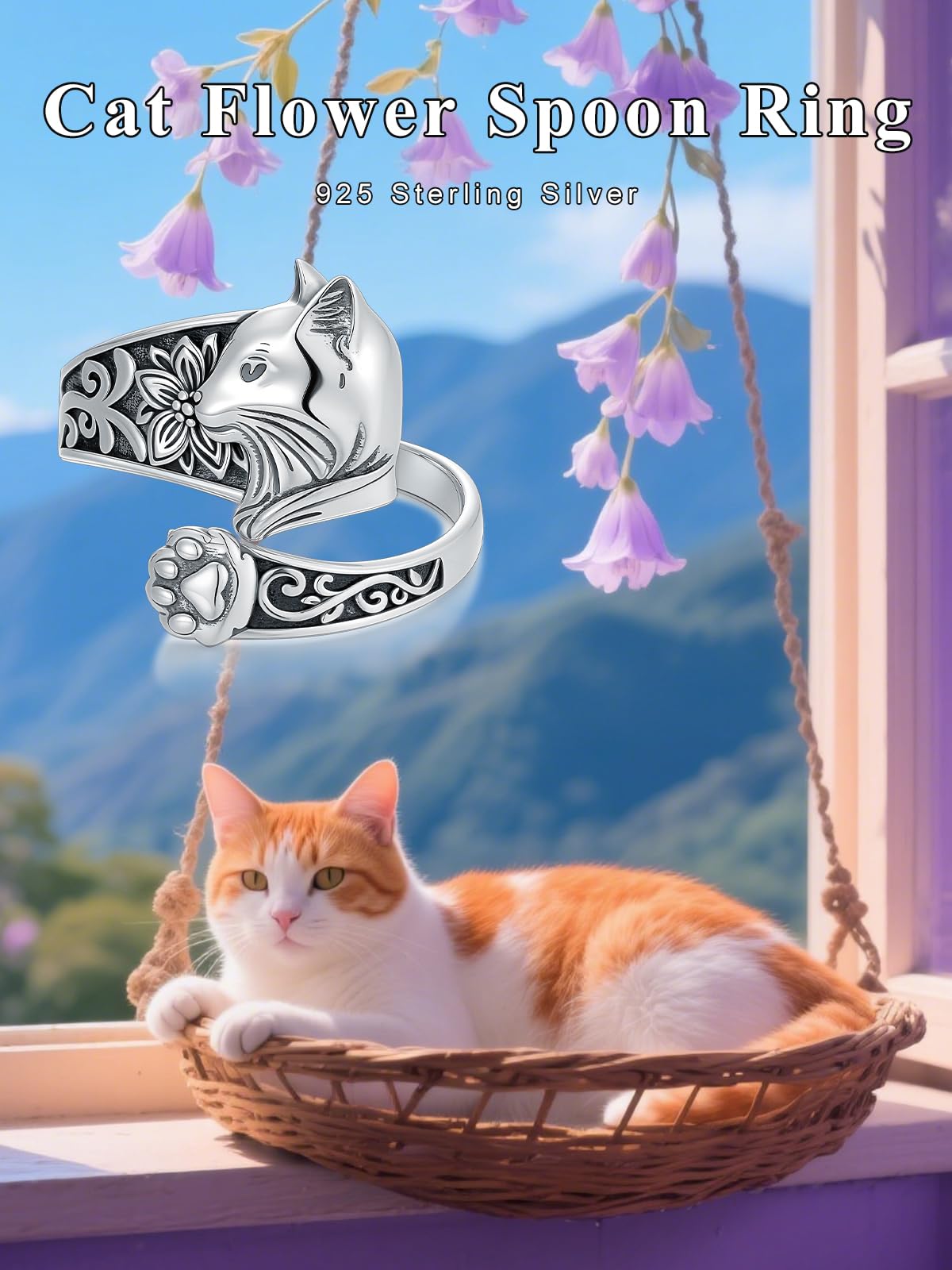 Midari Cat Spoon Rings for Women Sterling Silver Adjustable Vintage Paw Print Ring Finger Thumb Rings Kitty Jewelry Cat Lovers Birthday Halloween Christmas