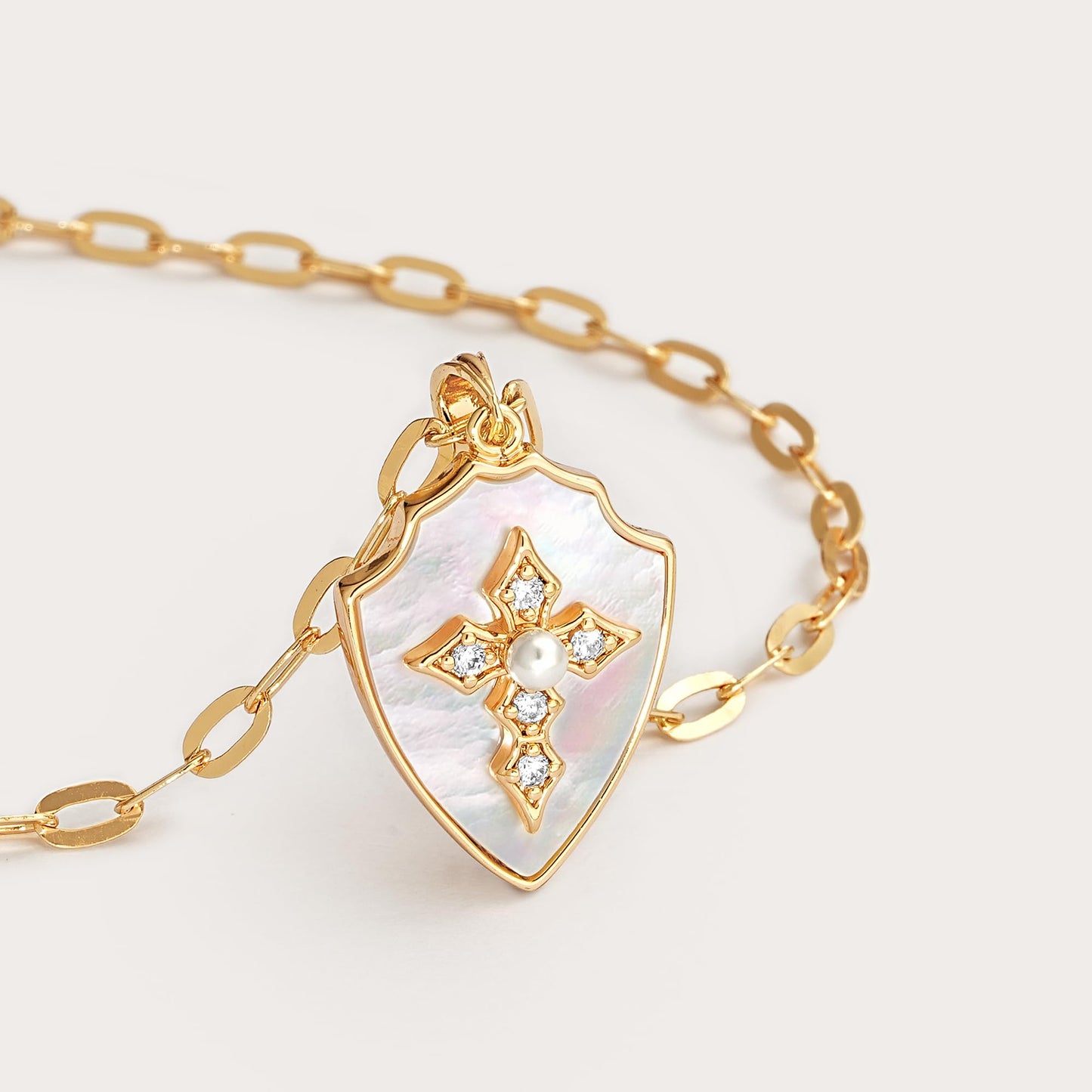 Fettero Dainty Mother of Pearl Necklaces for Women, 14K Gold Plated Necklace Shield Armor of God Pendant Cross Faith Necklace Jewelry for Protection Gift