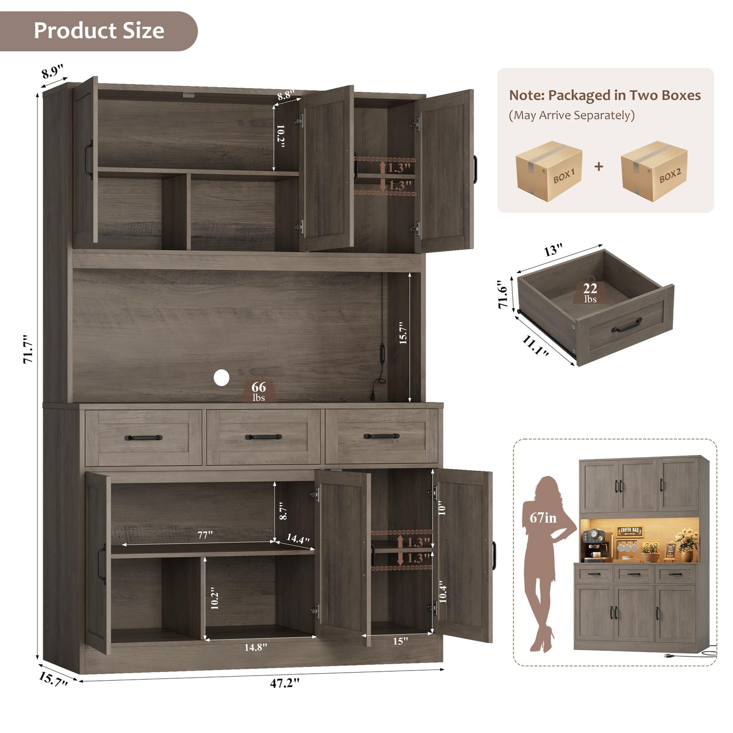 HOSTACK 72" Tall Kitchen Pantry Cabinet with Charing Station | LED Lights, 47" W Kitchen Pantry Storage Cabinet with Countertop, Modern Kitchens Hutch Cabinets with Storage for Dining Room, Ash Gray