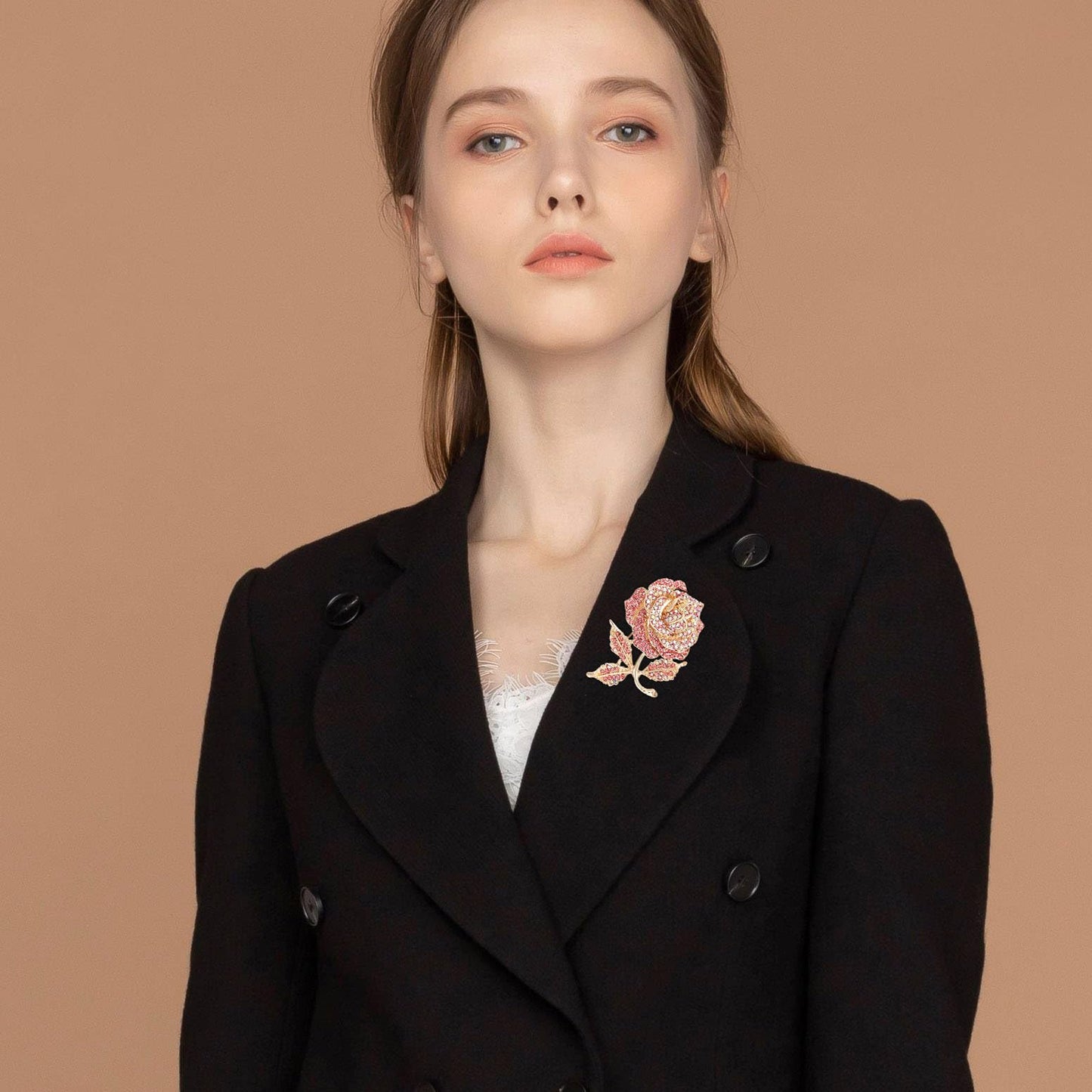 Pink Rose Brooches Pins for Women Girls Gold Flower Valentine Statement Fashion Jewelry