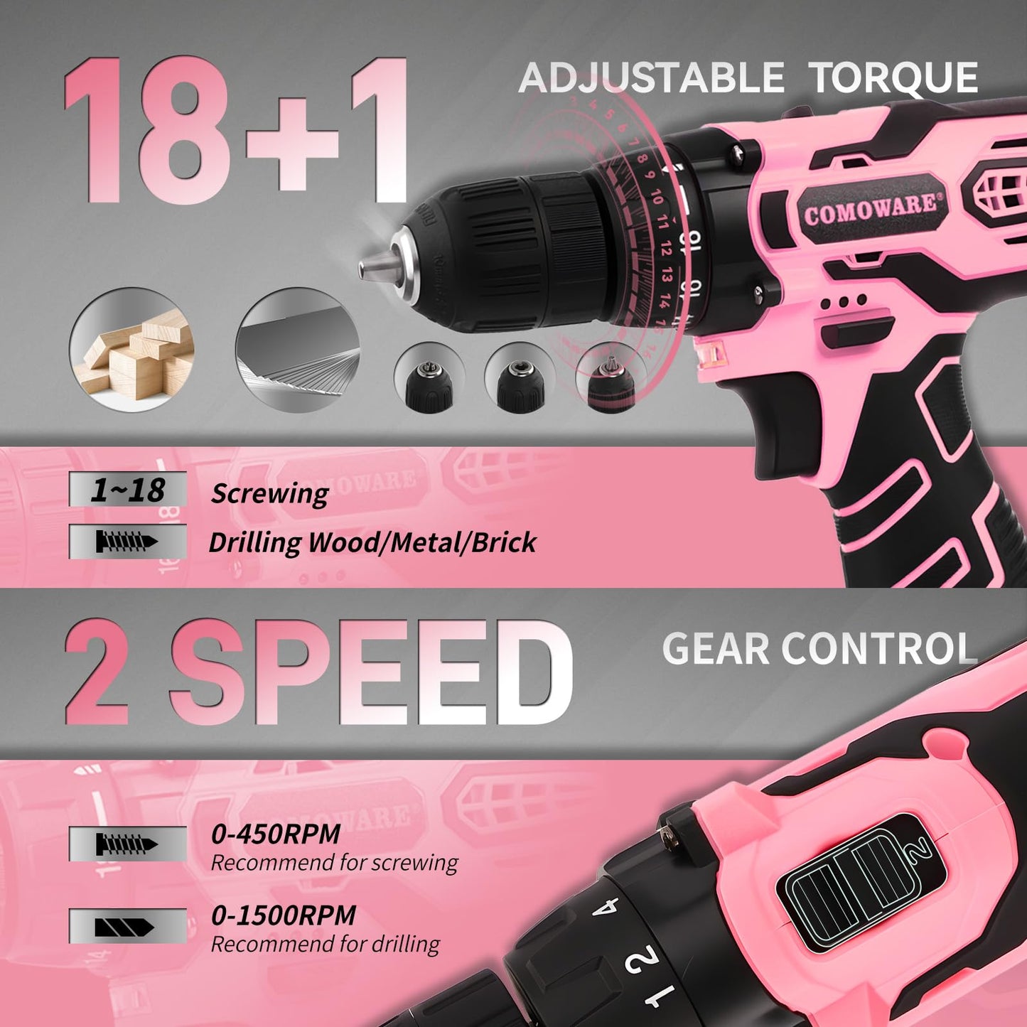 COMOWARE Pink Household Tool Set with 12V Cordless Drill Driver, Hand Tool Kit for Women, Power Drill Set with Plastic Toolbox, Ideal for Office, Garden, DIY Project