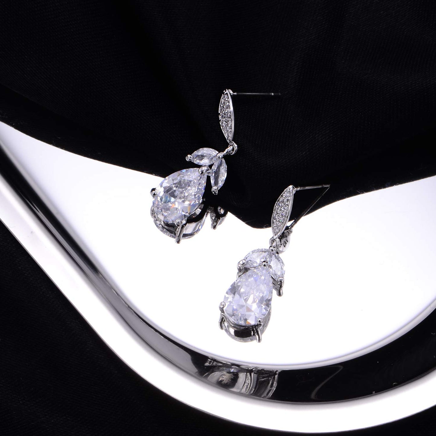 Women's Cubic Zirconia Bridal Earring - Elegant 14k White Gold Plated Teardrop Cluster Floral Leaf CZ Crystal Rhinestone Wedding Bride Bridesmaids Mother of Bride Party Prom