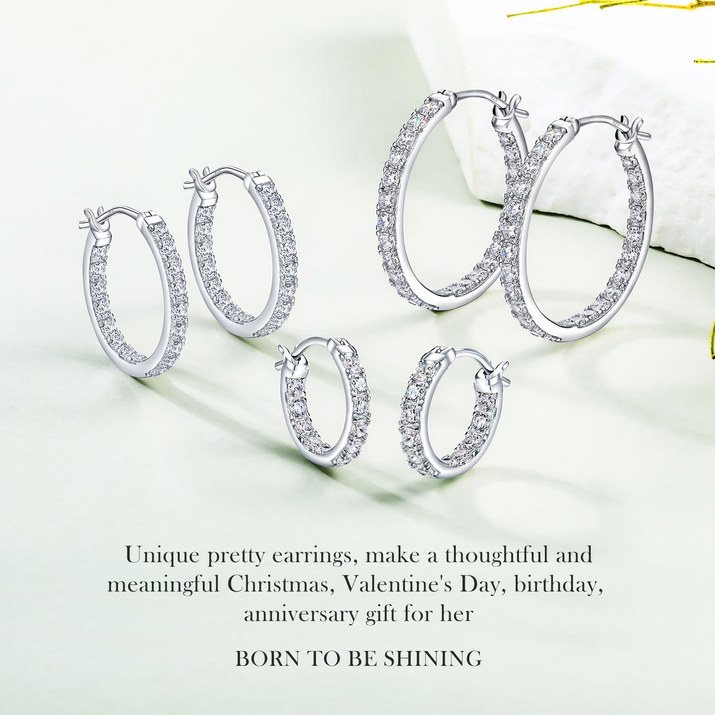 925 Sterling Silver Medium Hoop Earrings Shiny Round Cubic Zirconia Earring Hoops for Women