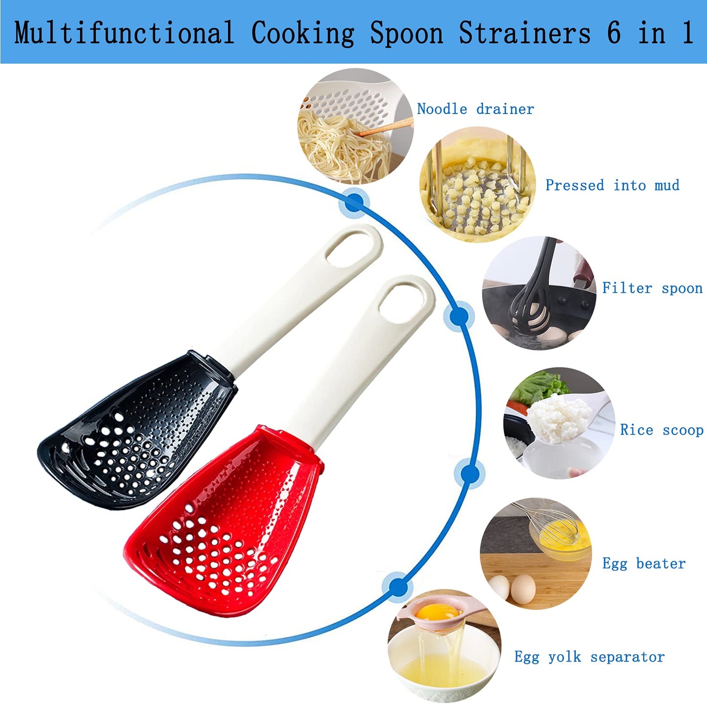 6in1 Multifunctional Kitchen Cooking Spoon- Kitchen Gadgets Strainers for egg yolk Separator- Grater Masher- Colander Skimmer Scoop- for Mashing, Grating, Draining, Heat Resistant (3Pcs black)