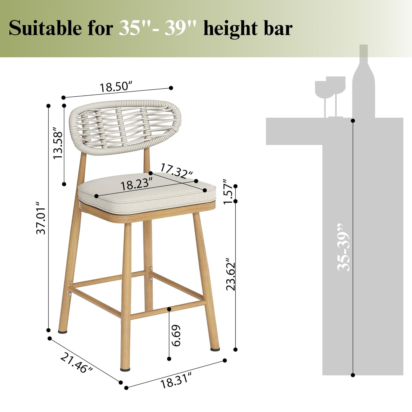 Garden Story Outdoor Bar Stools Set of 2,Woven Barstools with Rattan Back,24" Outdoor Bar Height Stools Wicker,Patio Bar Chairs Boho Bar Stool,Counter Height Bar Stool Aluminum (Natural, 24 Inch)