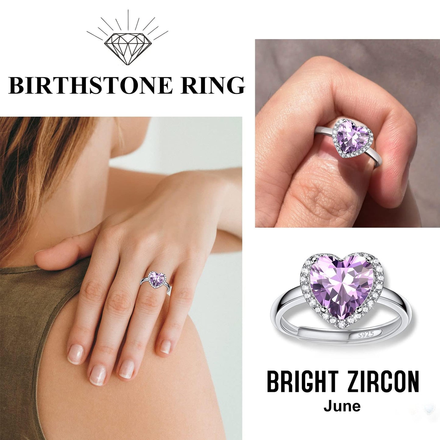 Bestyle Flattering June Alexandrite Heart Crystal Rings Halo Cubic Zirconia Rings for Women Dainty 925 Sterling Silver Hypoallergenic Adjustable Rings Size #6-#12