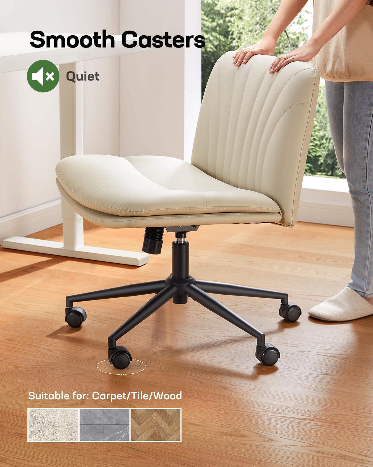 Marsail Armless-Office Desk Chair with Wheels: PU Leather Cross Legged Wide Chair,Comfortable Adjustable Swivel Task Chairs for Home,Office,Make Up,Small Space,Bed Room(Light Beige)
