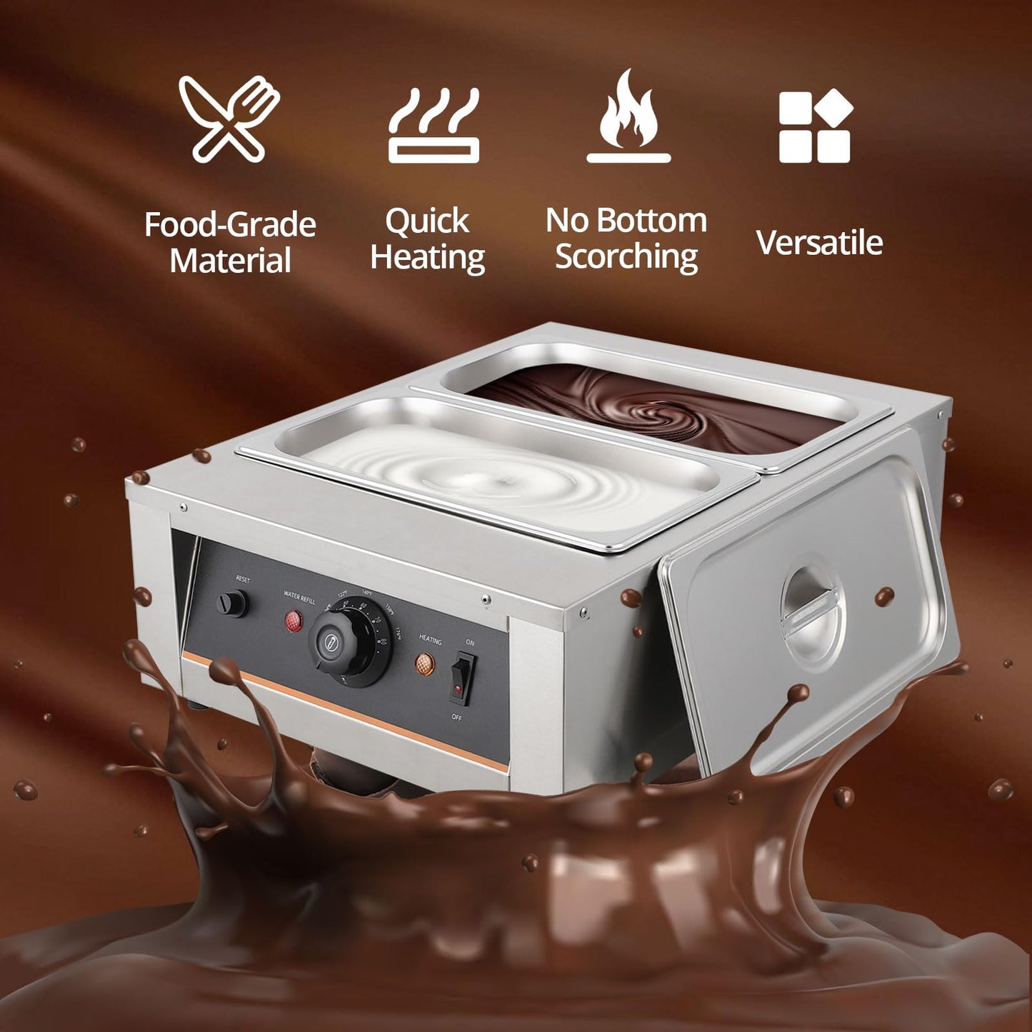 Chocolate Tempering Machine,4.12 QT*2 Stainless Steel Double Boiler Melter with Adjustable Knob (32-176°F), 800W Commercial Chocolate Warmer for Melting Candy, Cheese, Fondue, Home Bakery，