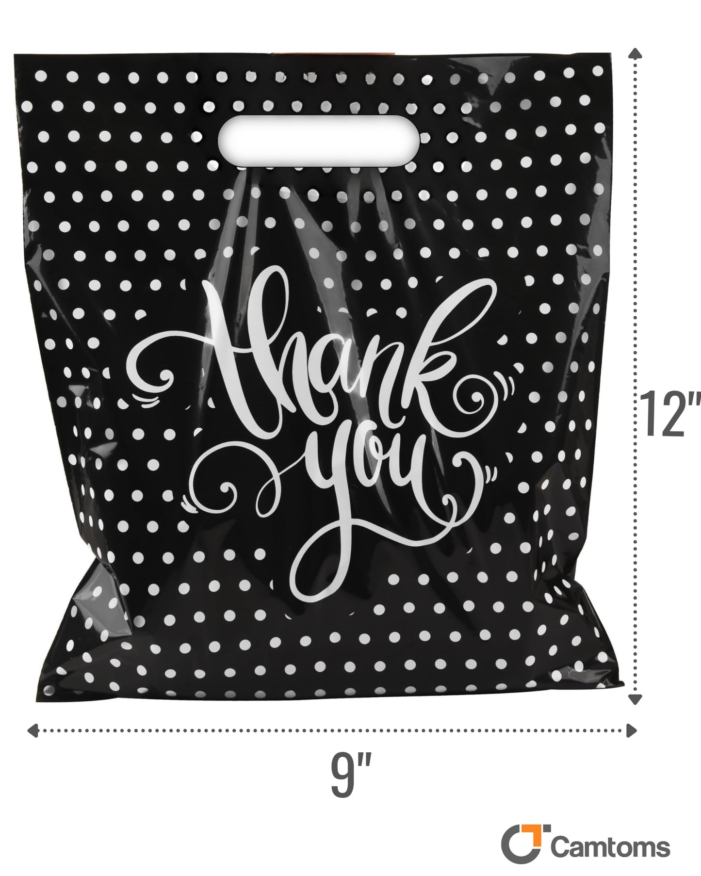 Camtoms Small Thank You Bags With Handles (9x12) - Glossy Plastic Retail Merchandise Bags for Jewelry, Boutique Accessories, Party Favors - White Bulk Packaging