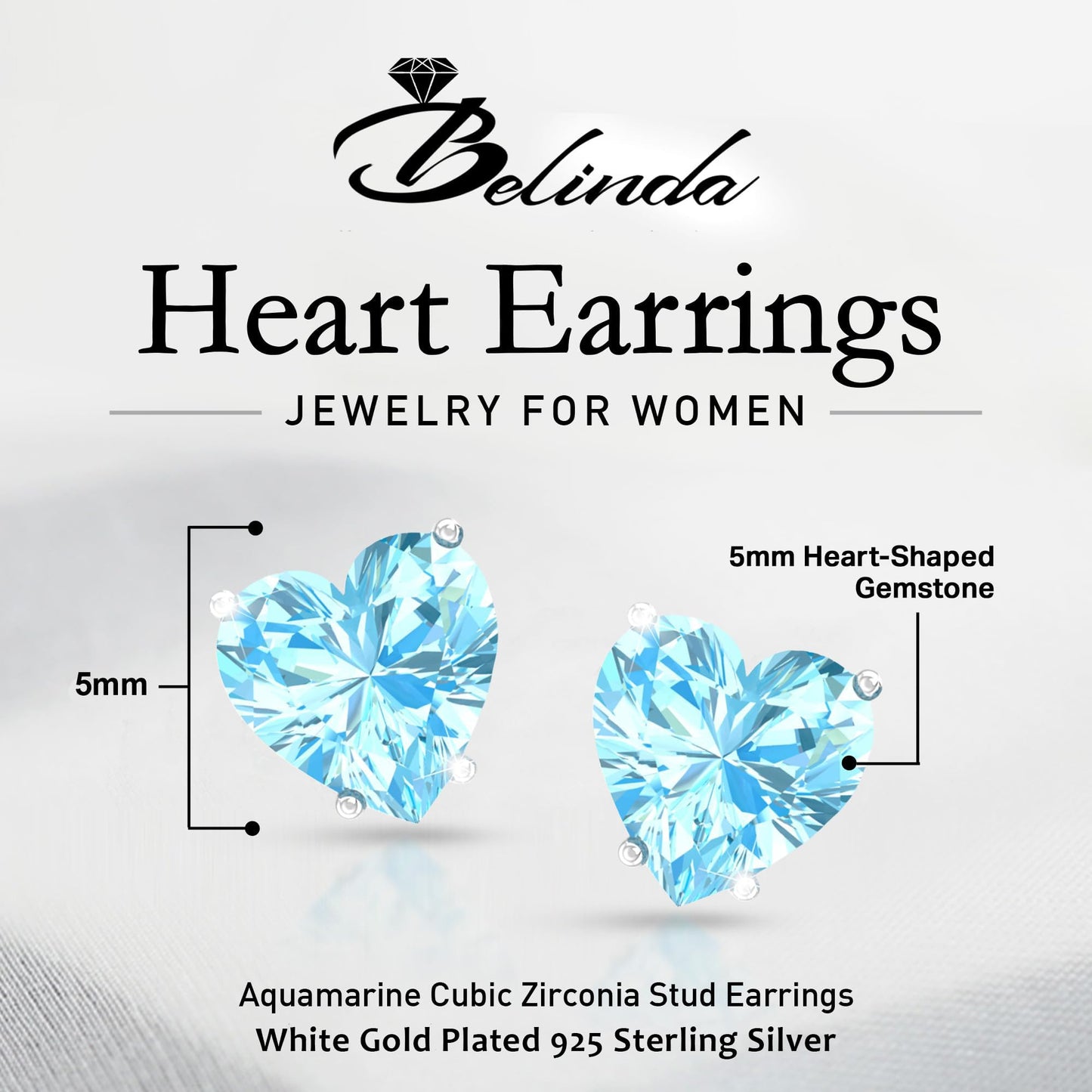 Belinda Jewelz - Heart Stud Earrings, 5mm Cubic Zirconia Heart Earrings with Prong Setting, 925 Sterling Silver Earrings Studs, Aquamarine Blue Stud Earrings for Women