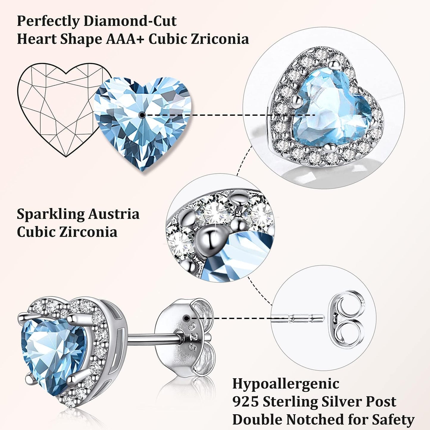 Bestyle 925 Sterling Silver Love Heart Cubic Zirconia Earrings March Aquamarine Birthstone Stud Earrings for Women, Hypoallergenic Earrings for Sensitive Ears